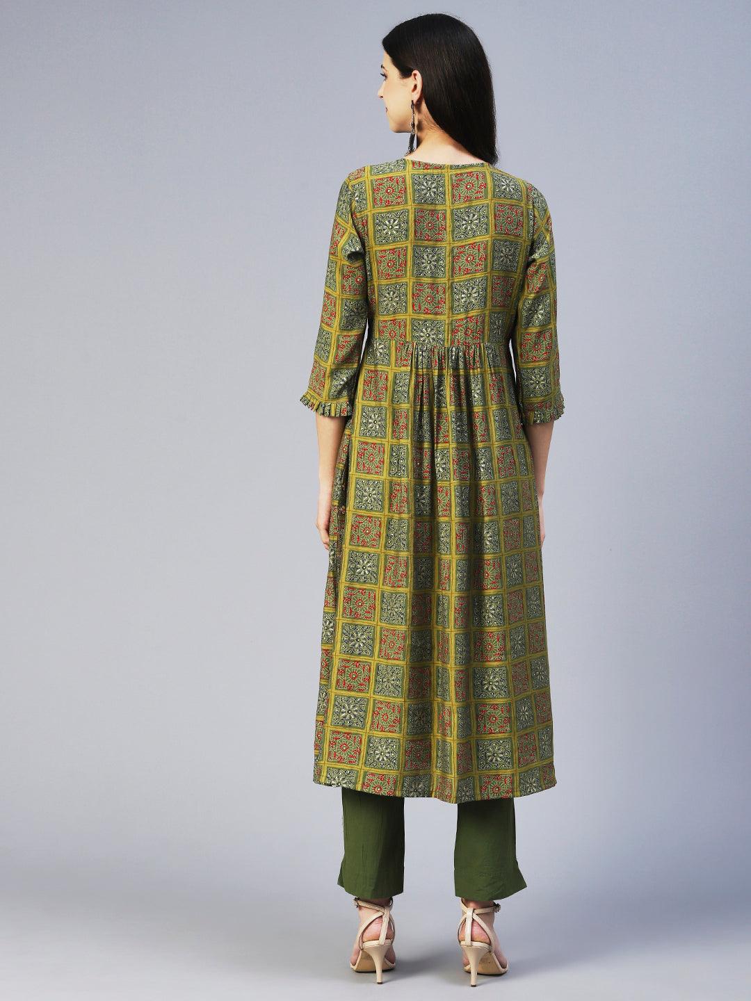 Ethnic Printed & Embroidered A-Line Kurta with Pant - Green - Indiakreations