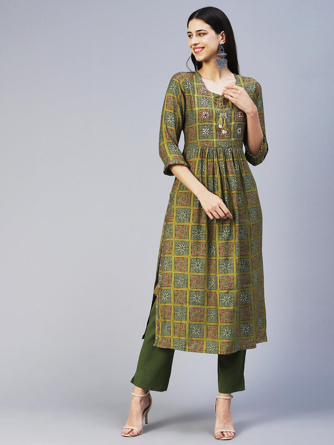 Ethnic Printed & Embroidered A-Line Kurta with Pant - Green - Indiakreations