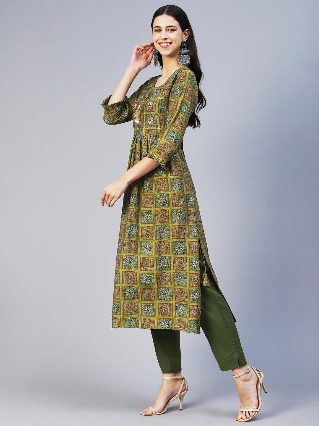 Ethnic Printed & Embroidered A-Line Kurta with Pant - Green - Indiakreations