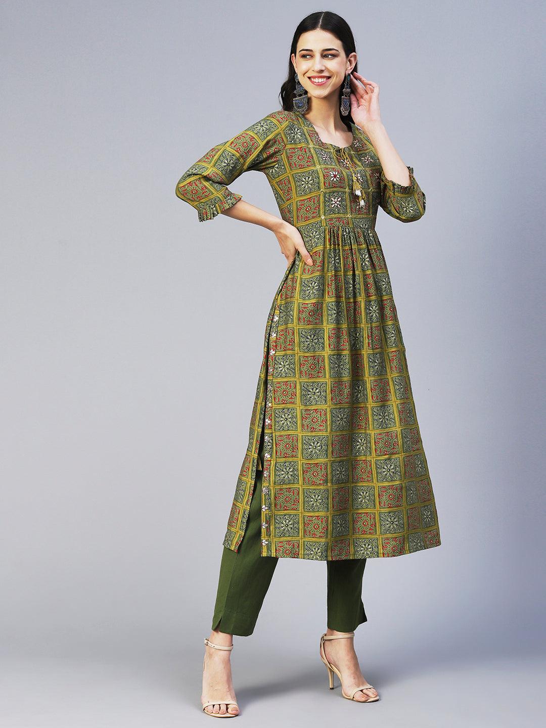 Ethnic Printed & Embroidered A-Line Kurta with Pant - Green - Indiakreations