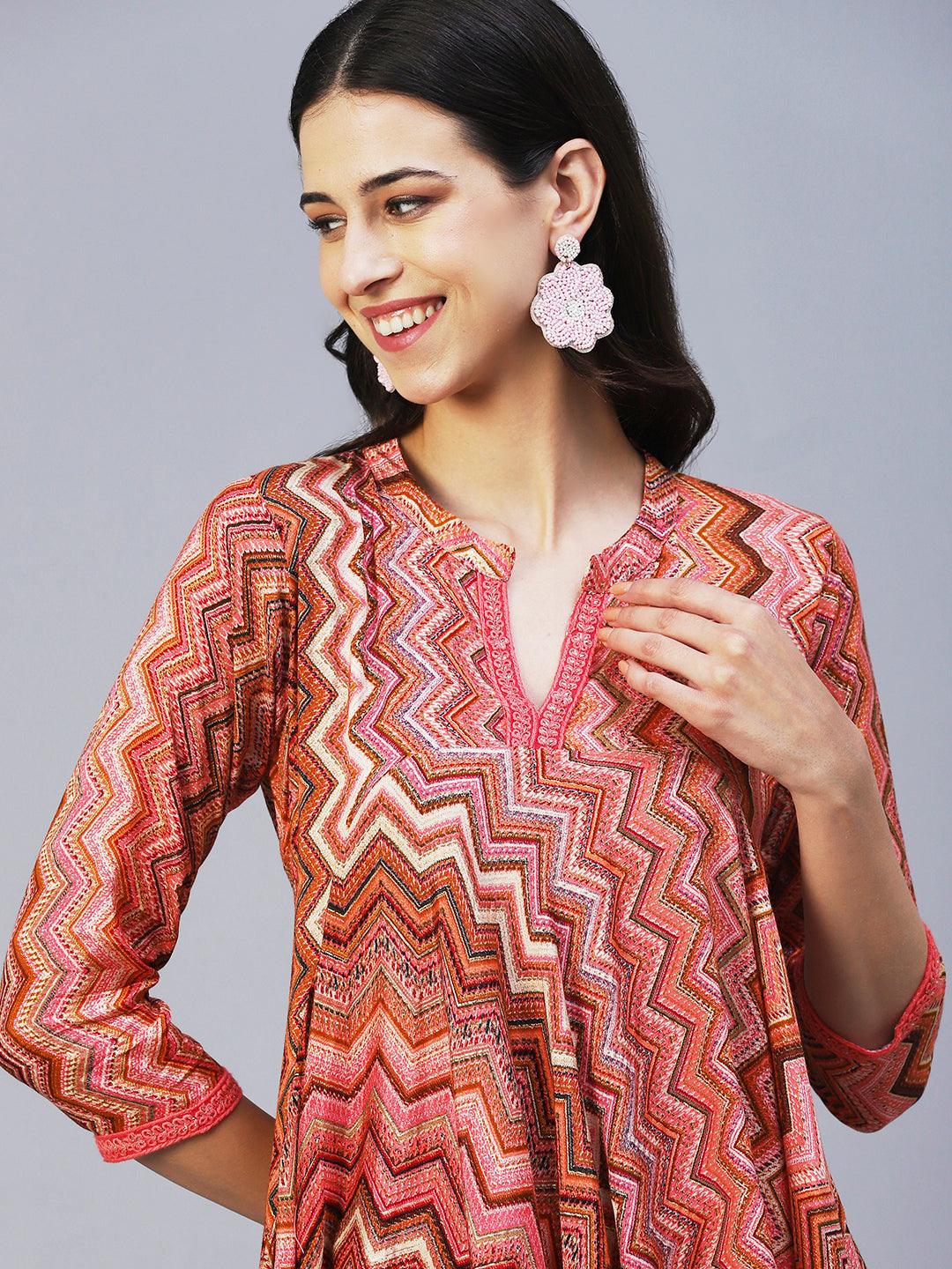 Chevron Printed Asymmetrical Kurta with Pant - Peach - Indiakreations