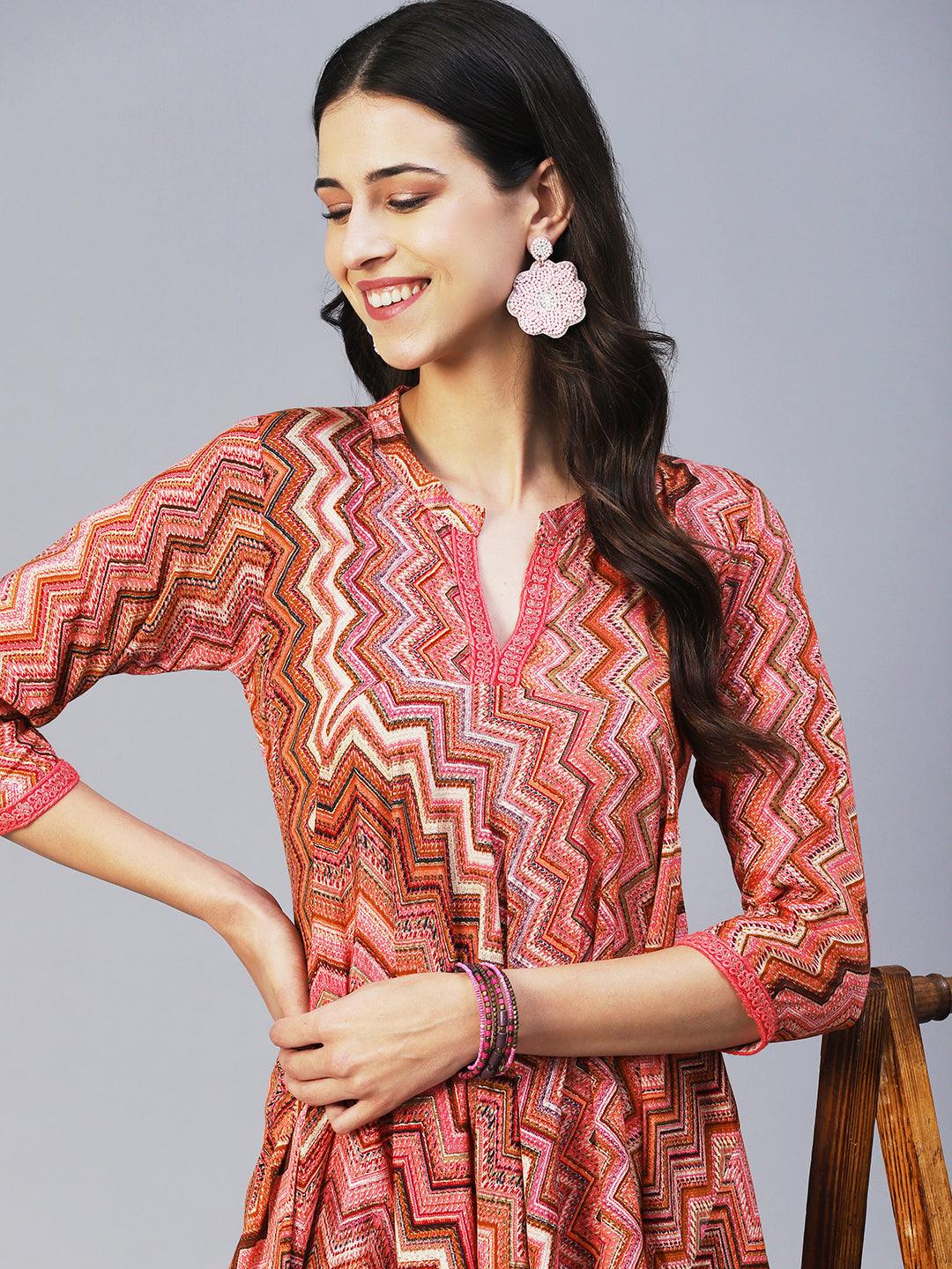 Chevron Printed Asymmetrical Kurta with Pant - Peach - Indiakreations