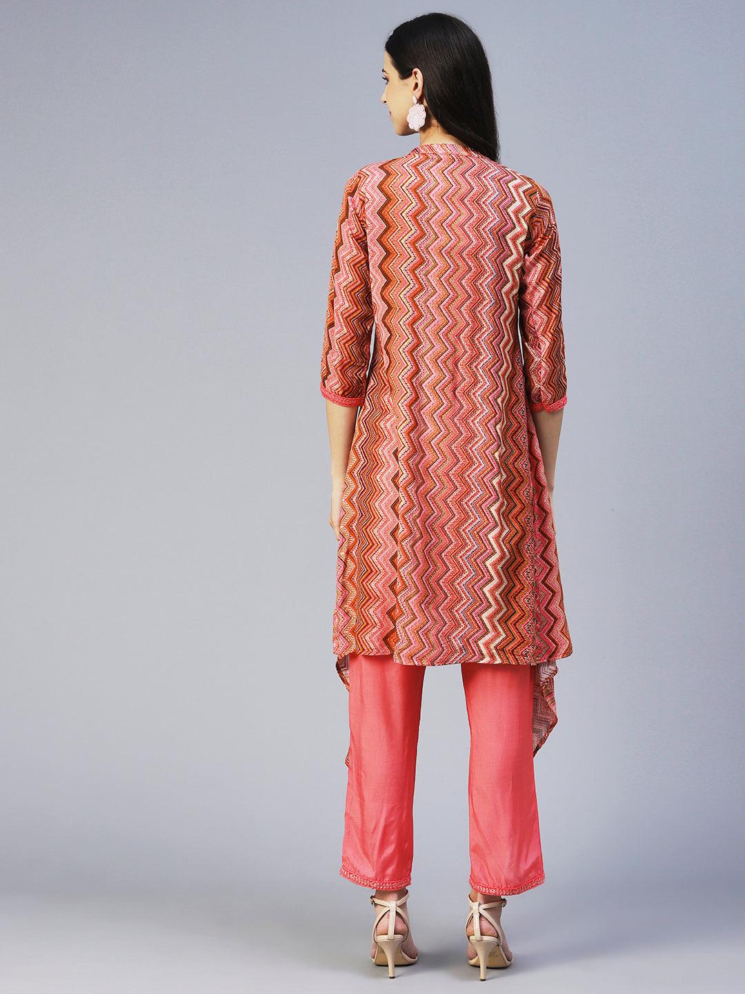 Chevron Printed Asymmetrical Kurta with Pant - Peach - Indiakreations