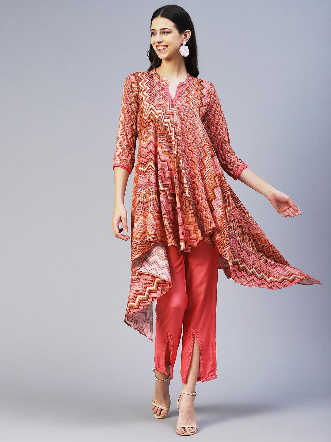 Chevron Printed Asymmetrical Kurta with Pant - Peach - Indiakreations