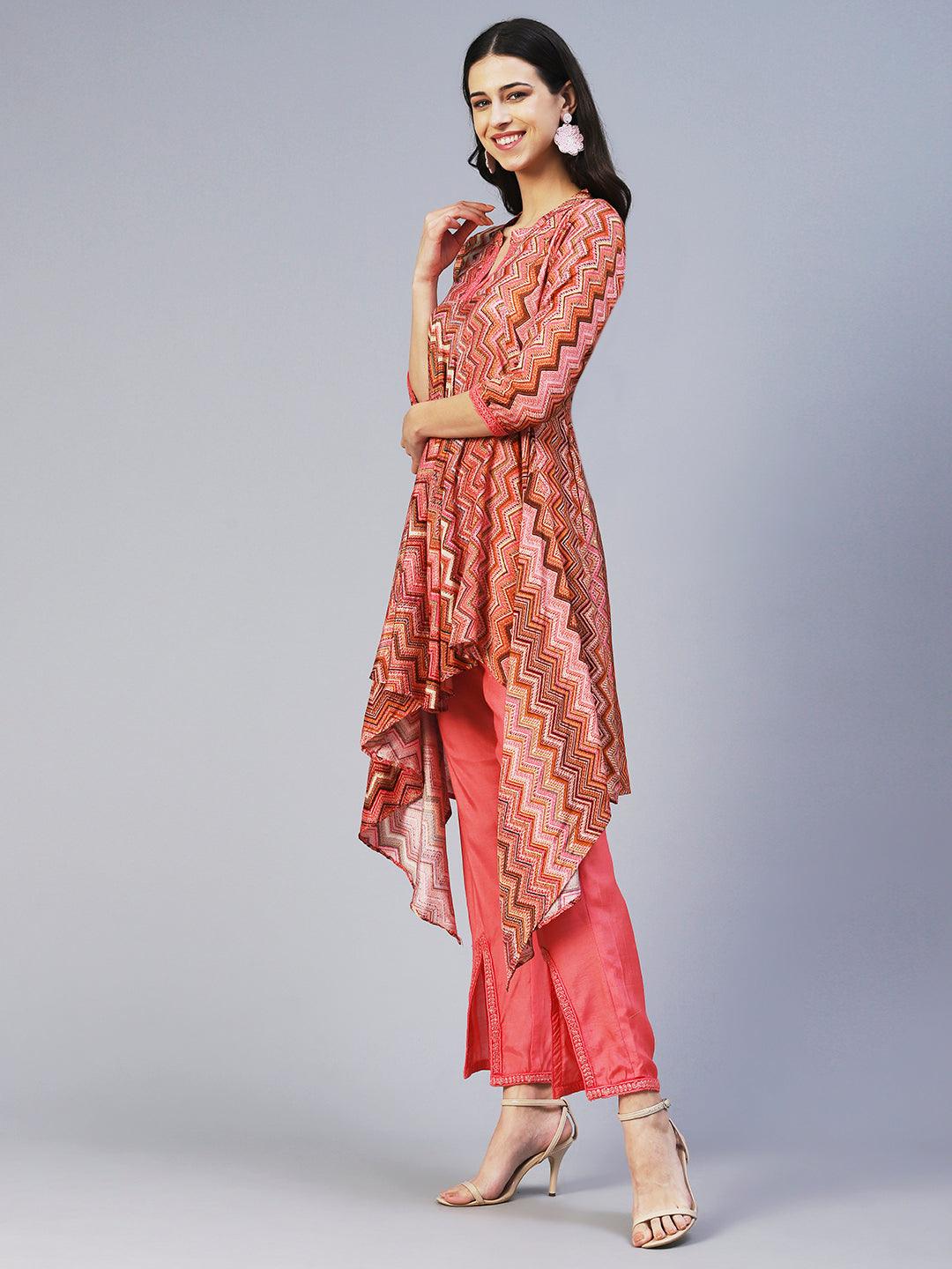 Chevron Printed Asymmetrical Kurta with Pant - Peach - Indiakreations