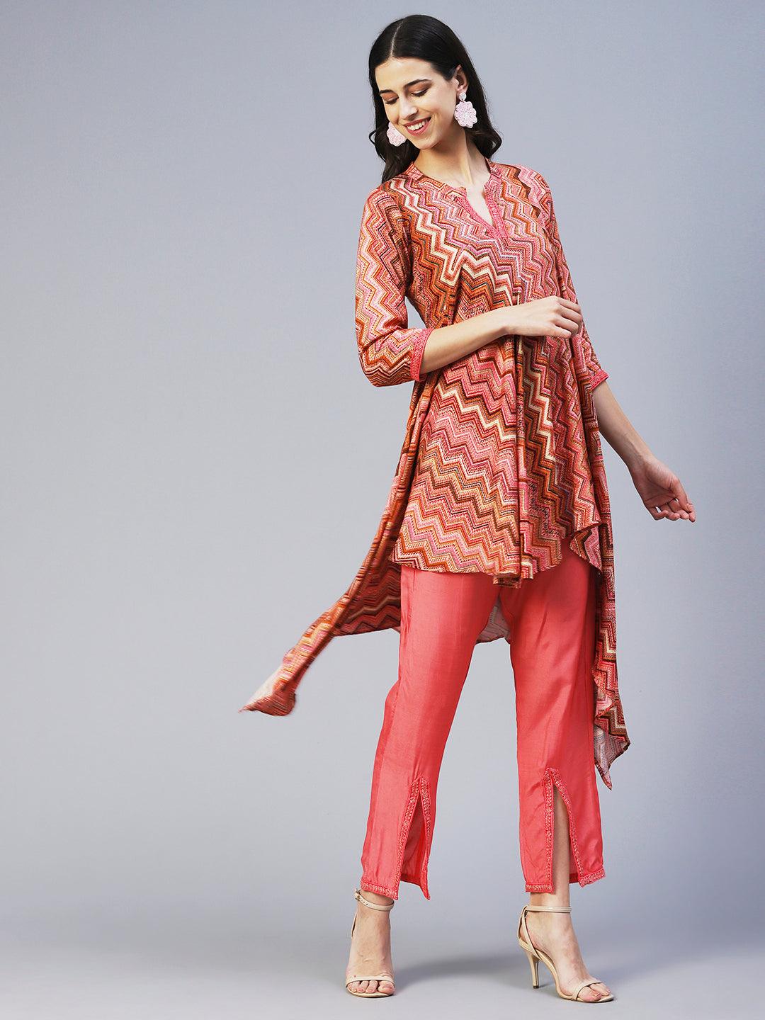 Chevron Printed Asymmetrical Kurta with Pant - Peach - Indiakreations