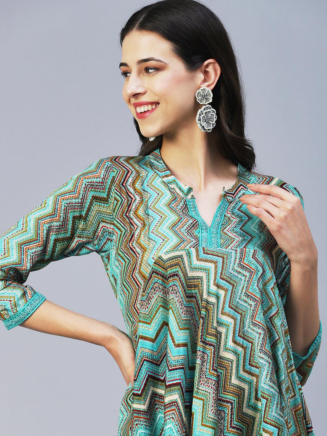 Chevron Printed Asymmetrical Kurta with Pant - Turquoise Blue - Indiakreations