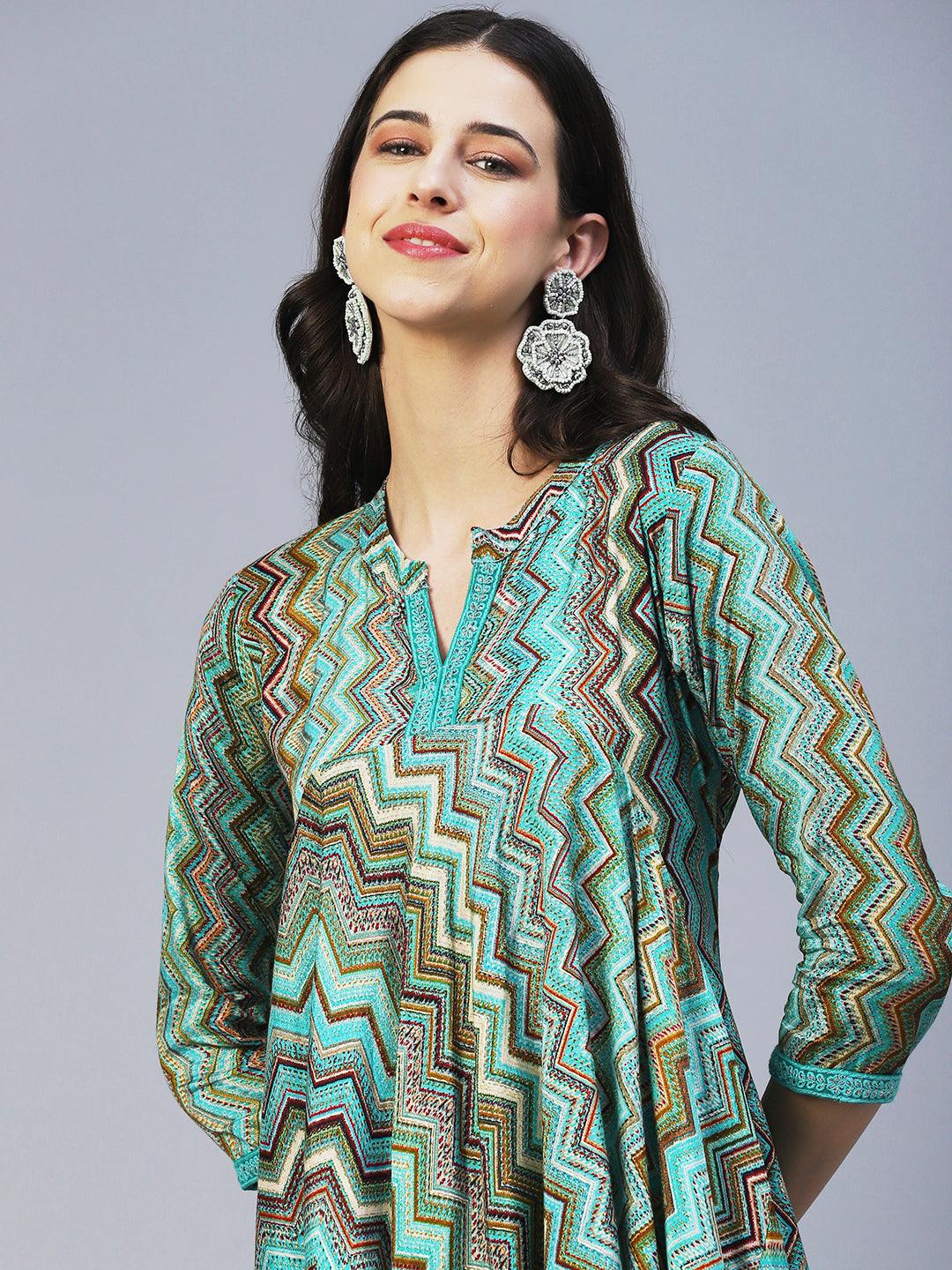 Chevron Printed Asymmetrical Kurta with Pant - Turquoise Blue - Indiakreations