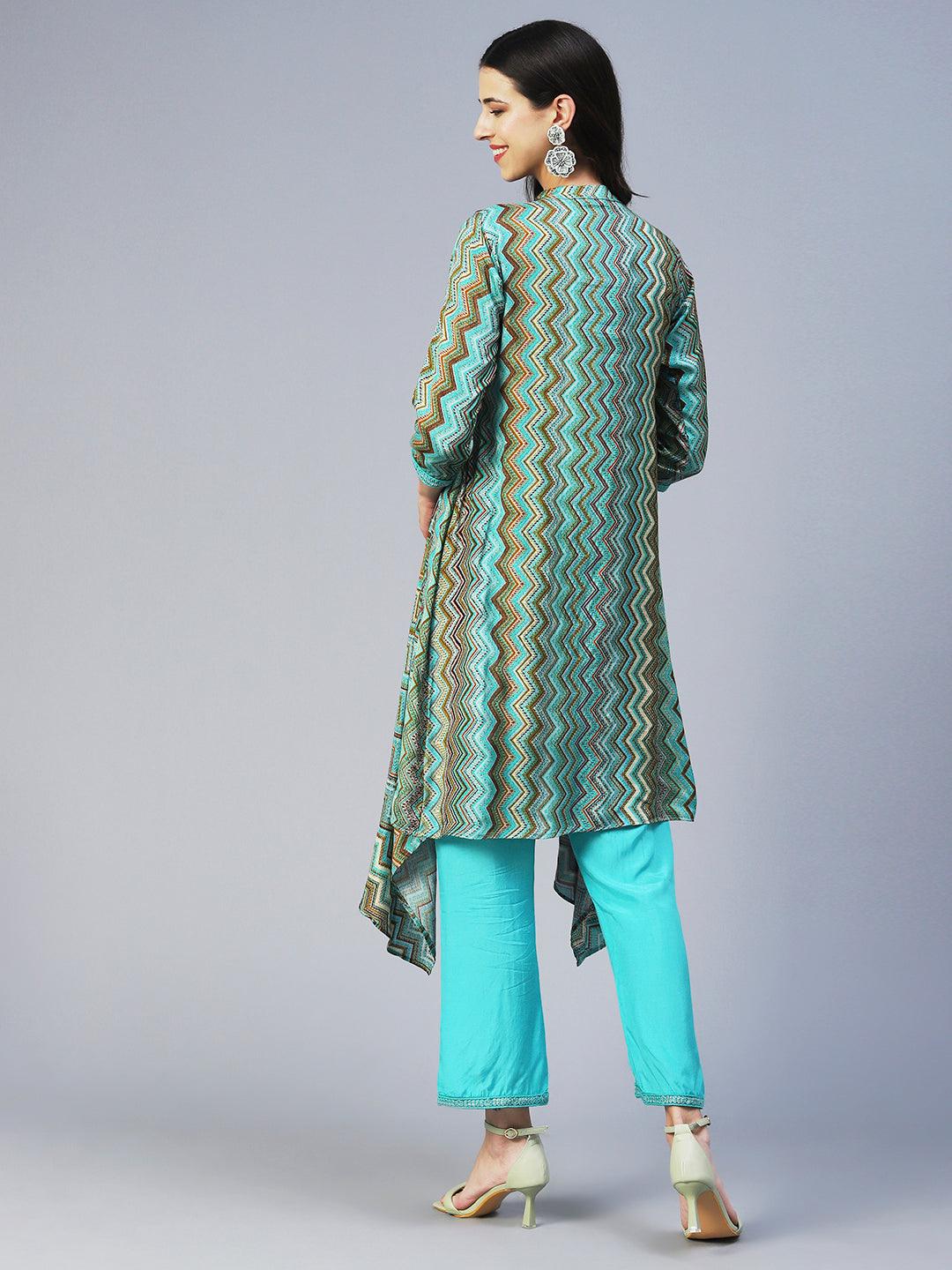 Chevron Printed Asymmetrical Kurta with Pant - Turquoise Blue - Indiakreations