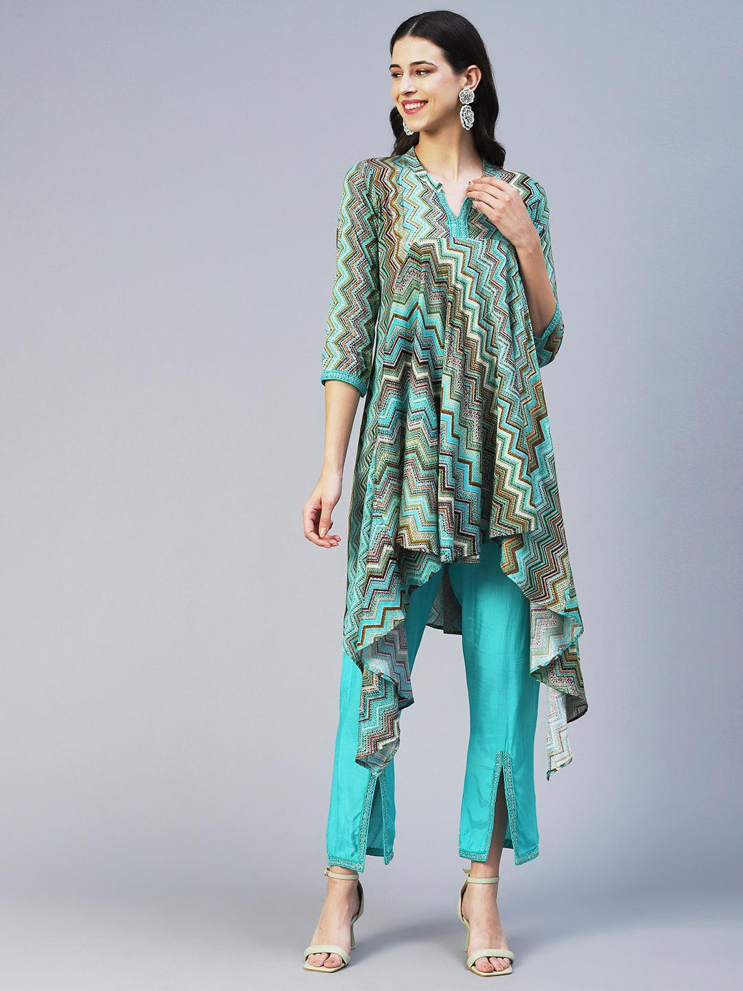 Chevron Printed Asymmetrical Kurta with Pant - Turquoise Blue - Indiakreations