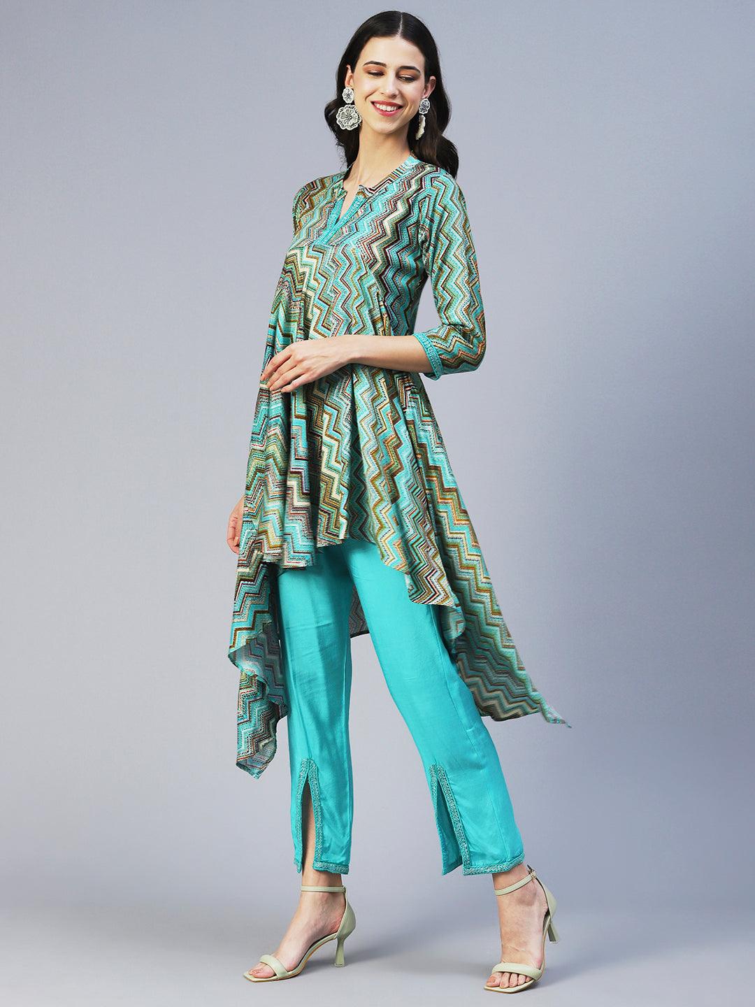 Chevron Printed Asymmetrical Kurta with Pant - Turquoise Blue - Indiakreations