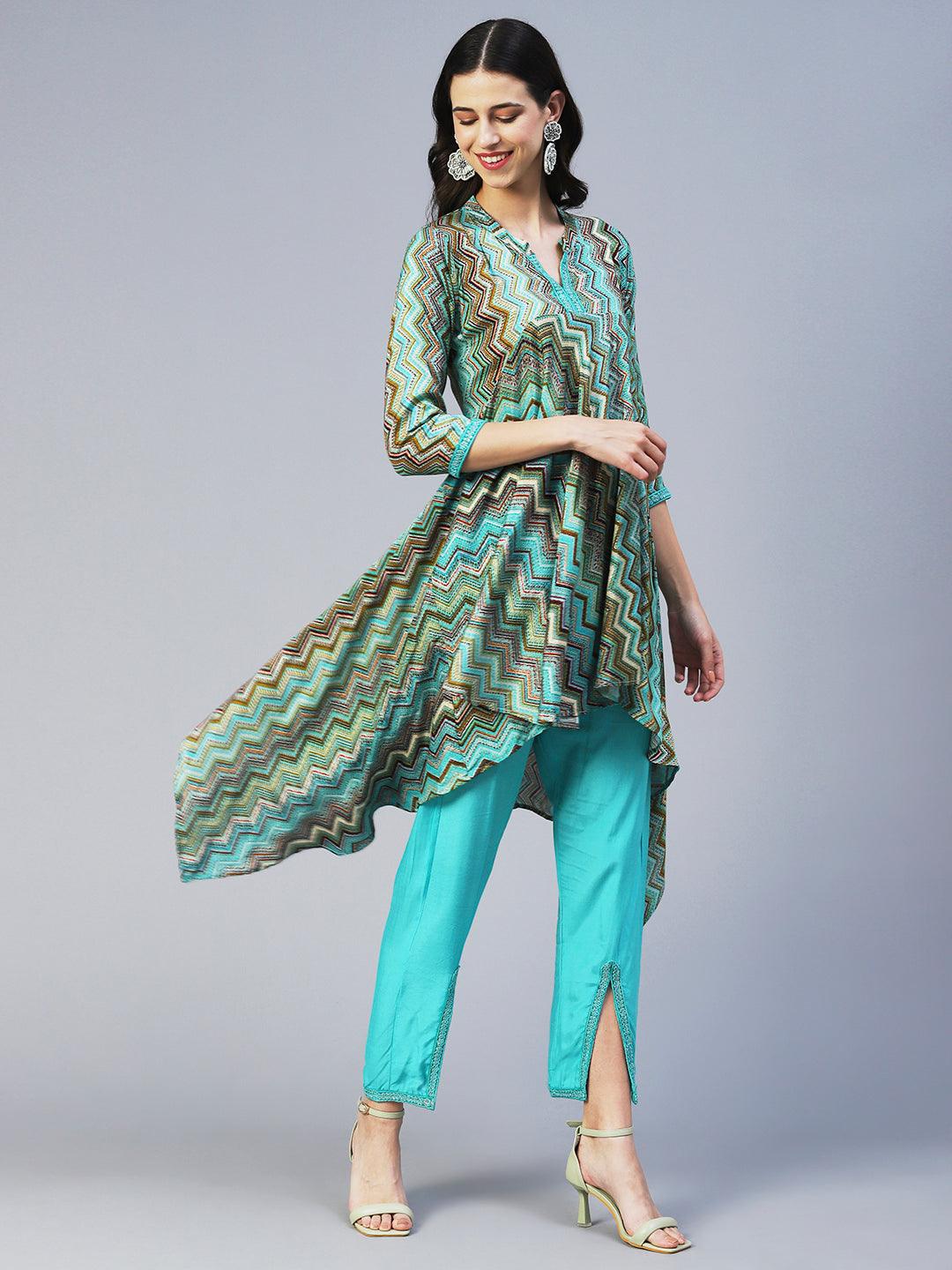 Chevron Printed Asymmetrical Kurta with Pant - Turquoise Blue - Indiakreations