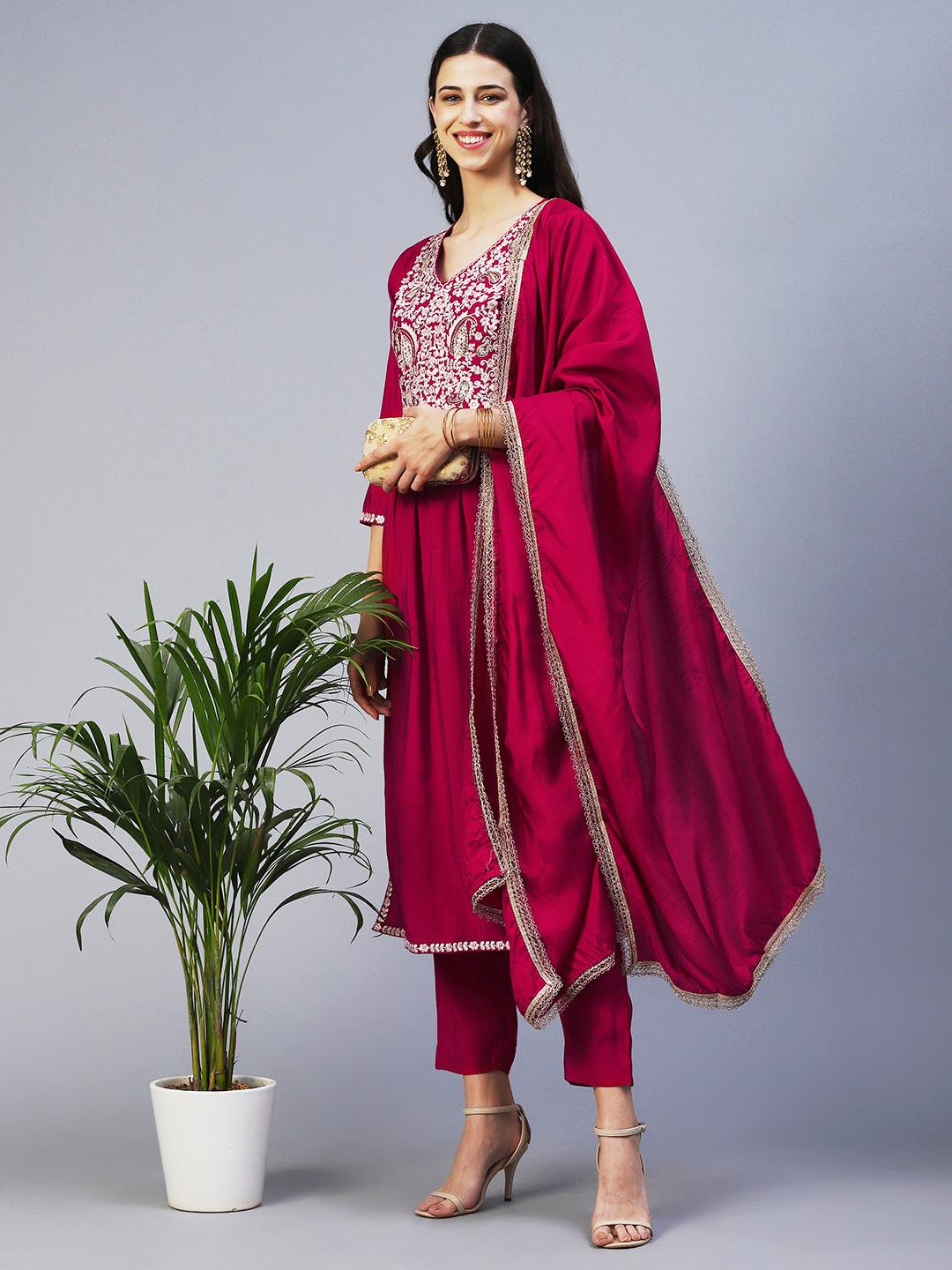 Floral Embroidered A-Line Kurta with Pant & Dupatta - Fuchsia - Indiakreations