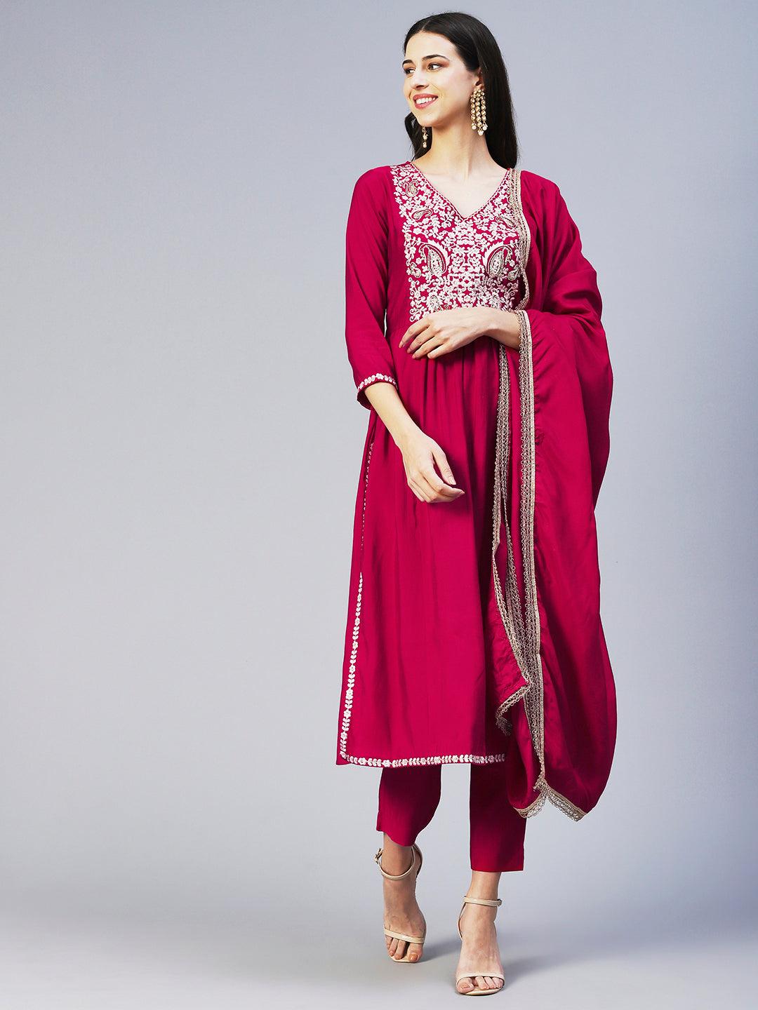 Floral Embroidered A-Line Kurta with Pant & Dupatta - Fuchsia - Indiakreations