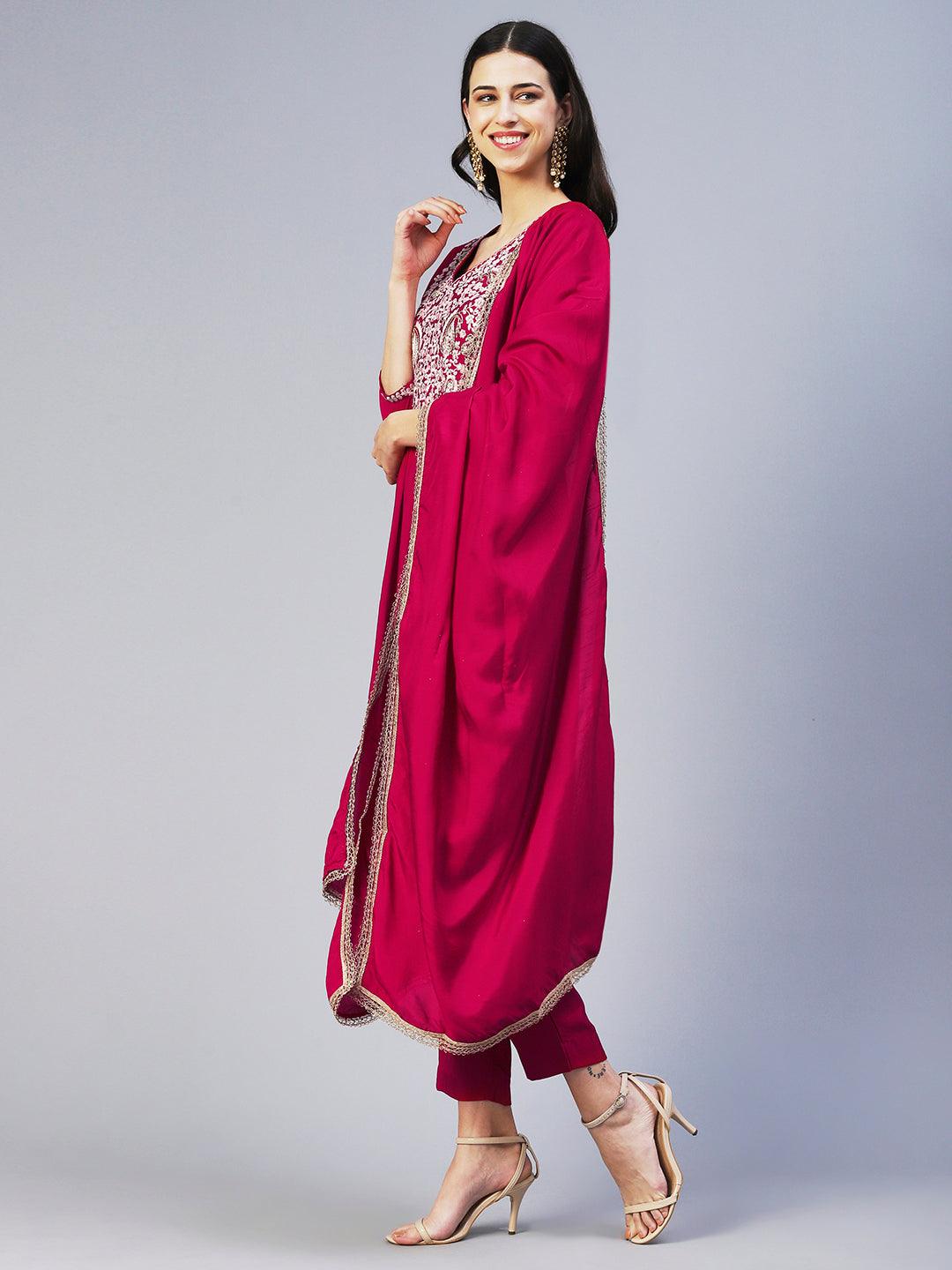 Floral Embroidered A-Line Kurta with Pant & Dupatta - Fuchsia - Indiakreations