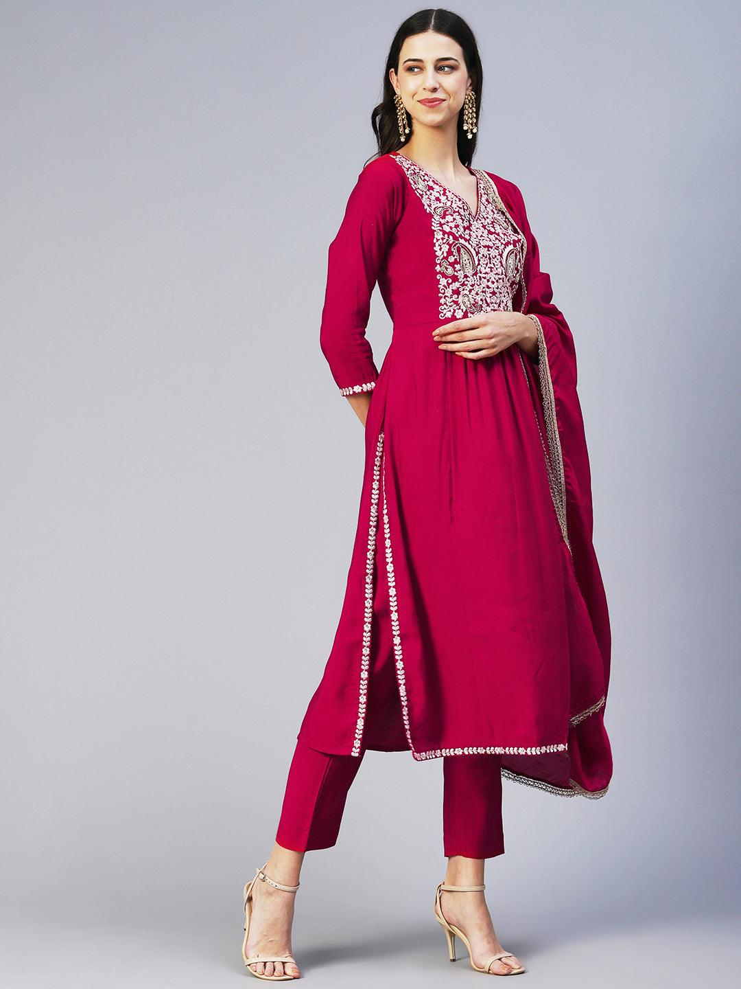 Floral Embroidered A-Line Kurta with Pant & Dupatta - Fuchsia - Indiakreations