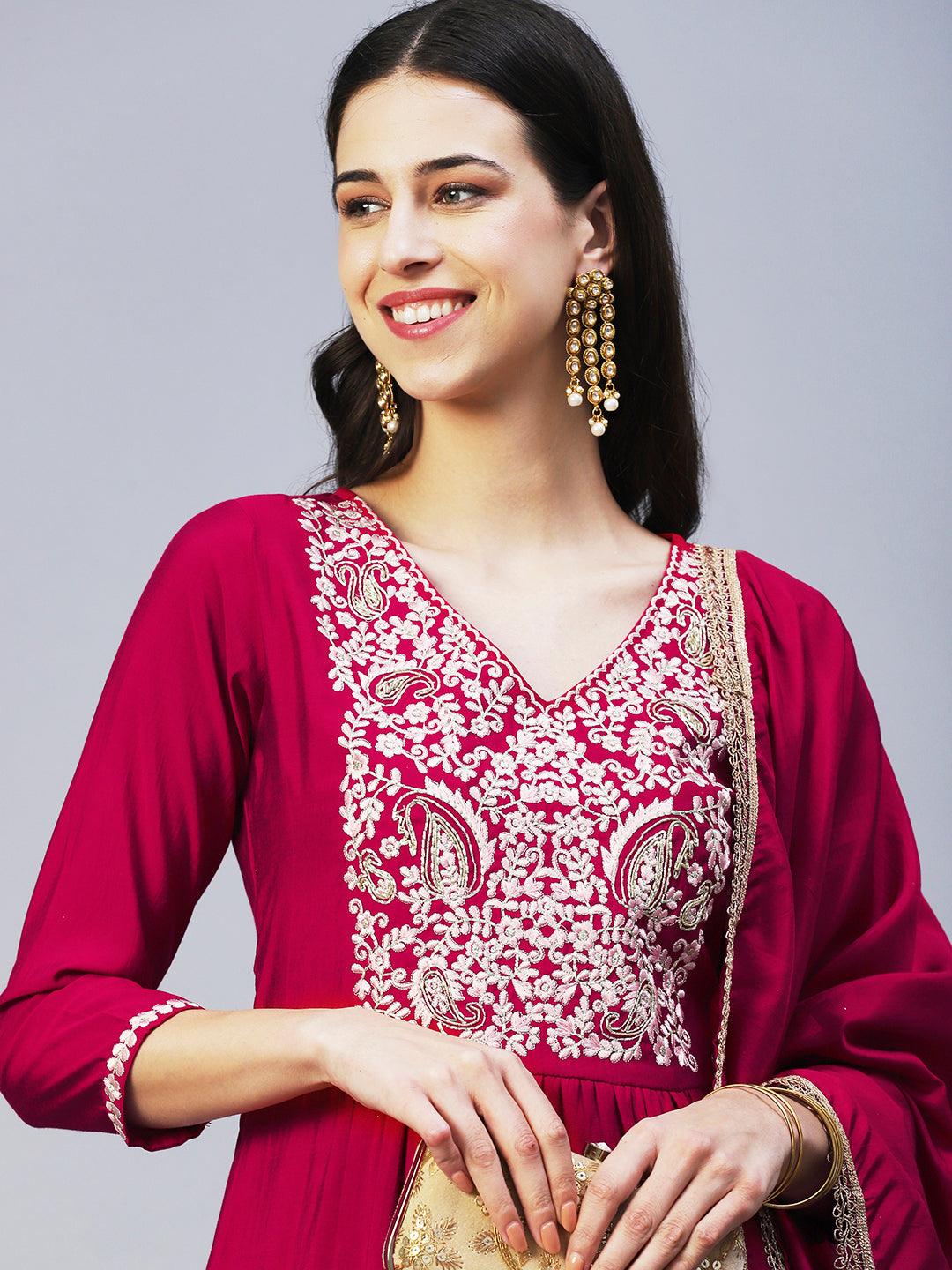 Floral Embroidered A-Line Kurta with Pant & Dupatta - Fuchsia - Indiakreations