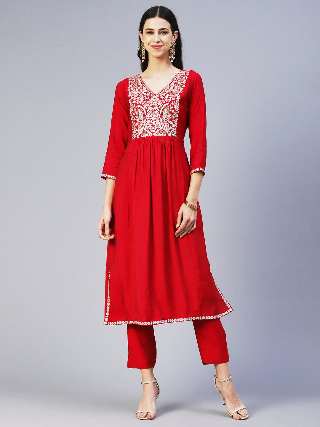 Floral Embroidered A-Line Kurta with Pant & Dupatta - Fuchsia - Indiakreations