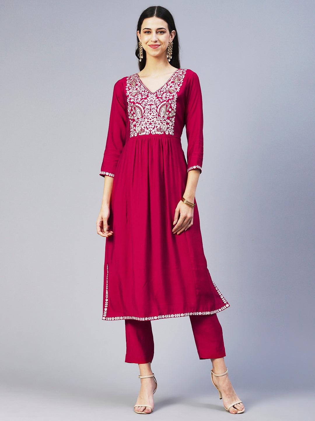 Floral Embroidered A-Line Kurta with Pant & Dupatta - Fuchsia - Indiakreations