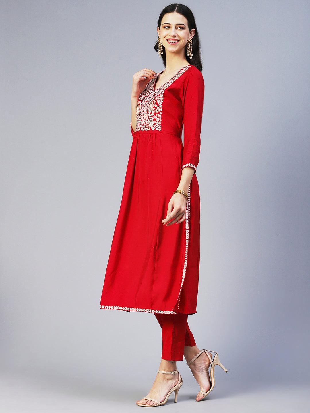 Floral Embroidered A-Line Kurta with Pant & Dupatta - Fuchsia - Indiakreations