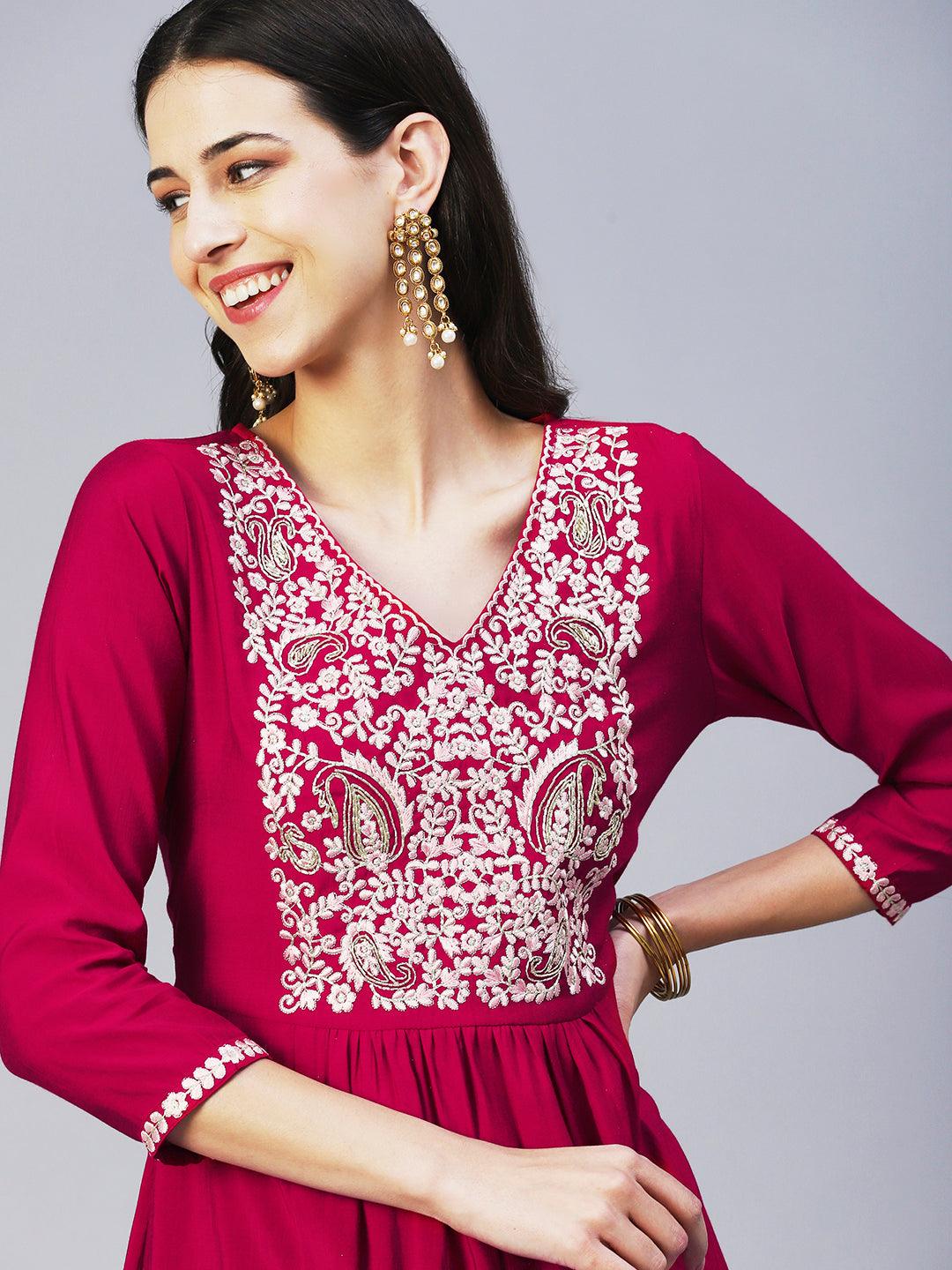 Floral Embroidered A-Line Kurta with Pant & Dupatta - Fuchsia - Indiakreations