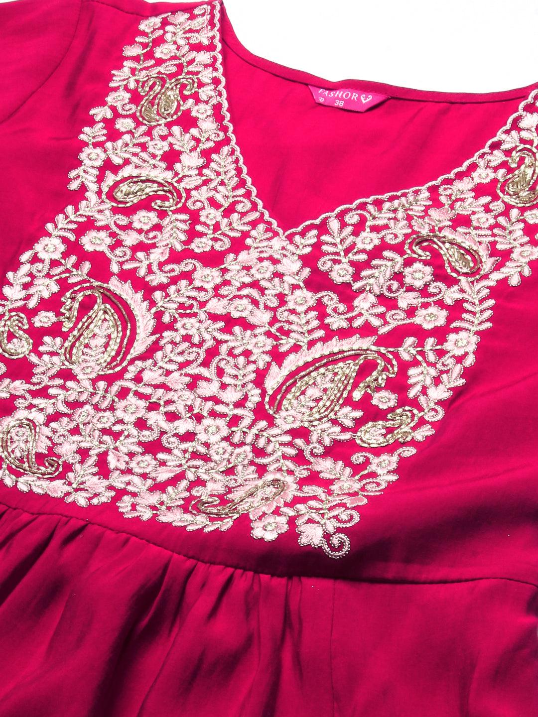 Floral Embroidered A-Line Kurta with Pant & Dupatta - Fuchsia - Indiakreations