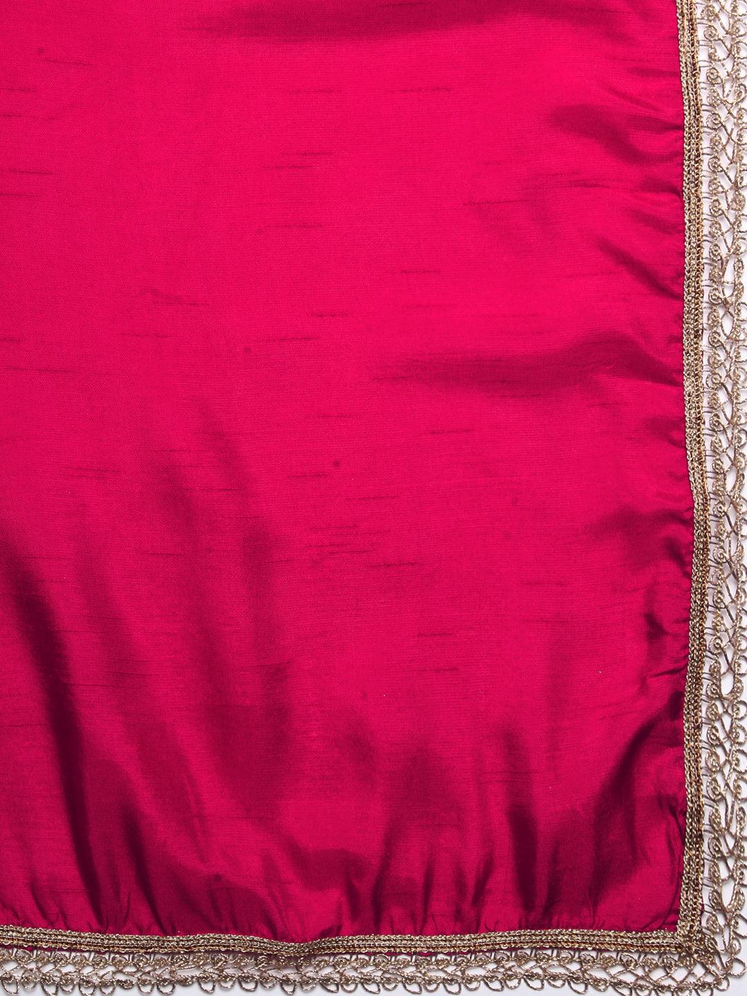 Floral Embroidered A-Line Kurta with Pant & Dupatta - Fuchsia - Indiakreations