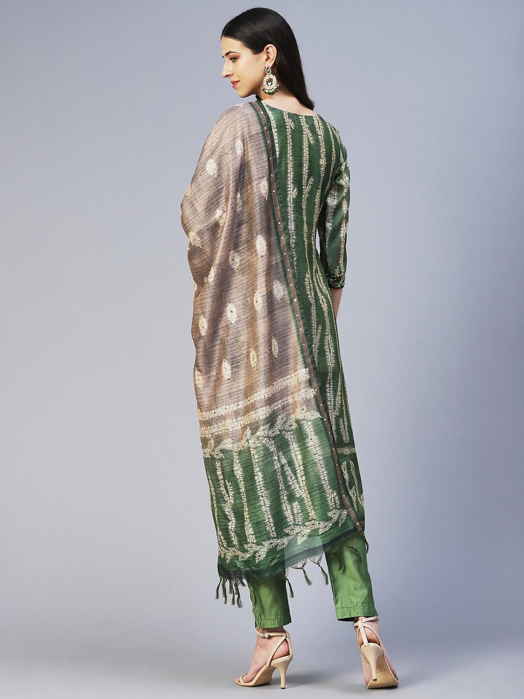 Ethnic Printed & Embroidered Straight Fit Kurta with Pant & Dupatta - Green - Indiakreations