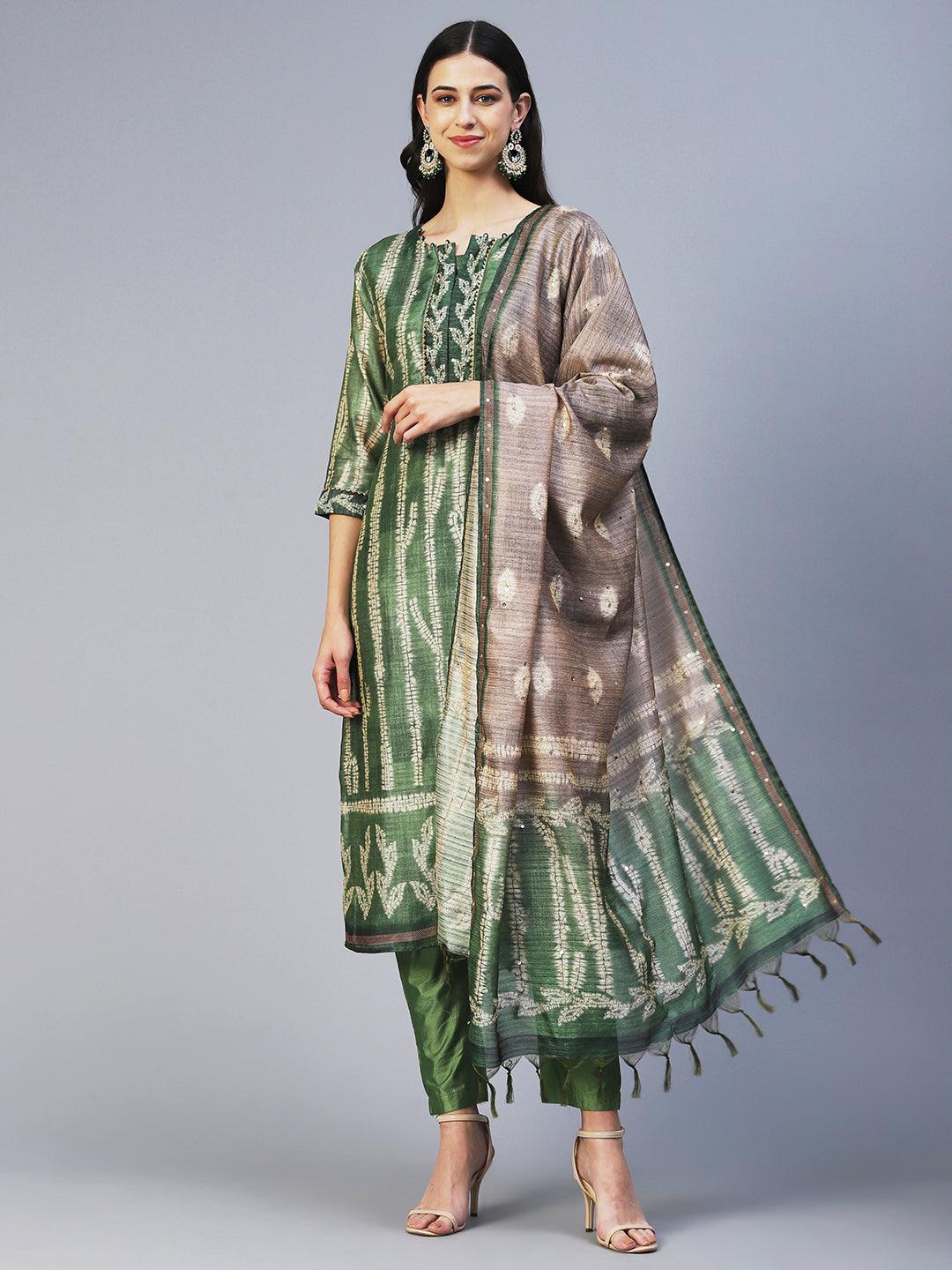 Ethnic Printed & Embroidered Straight Fit Kurta with Pant & Dupatta - Green - Indiakreations