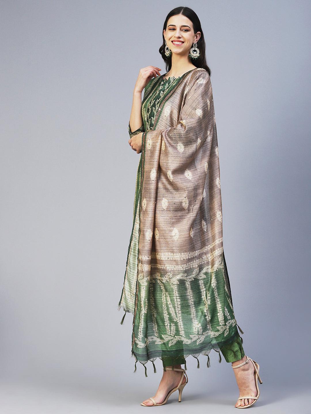 Ethnic Printed & Embroidered Straight Fit Kurta with Pant & Dupatta - Green - Indiakreations