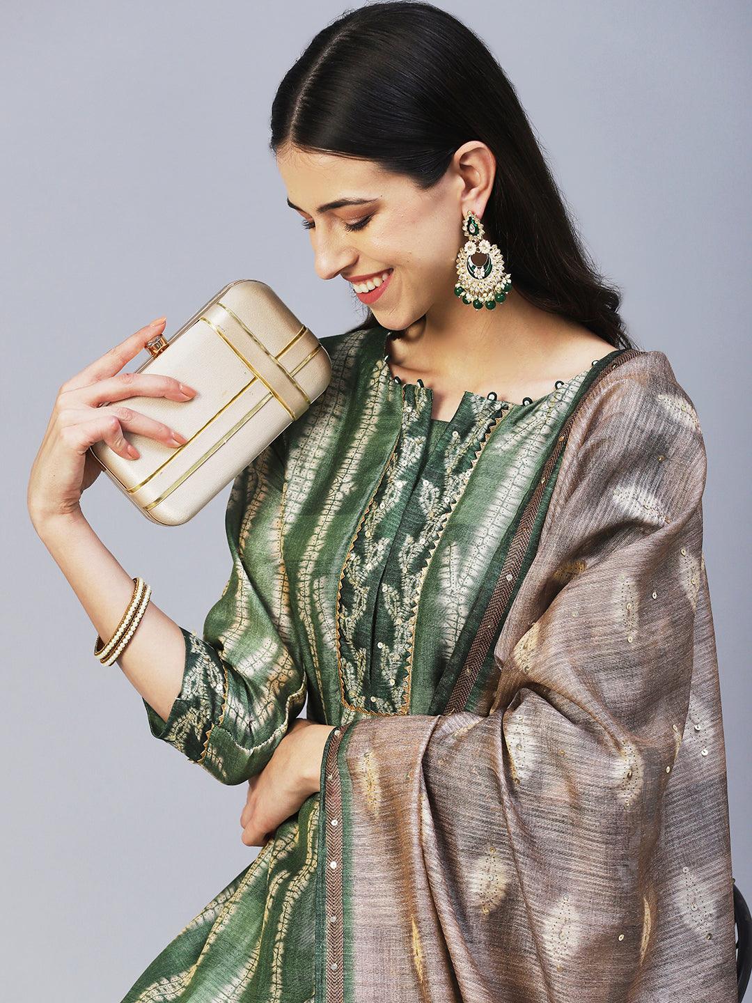 Ethnic Printed & Embroidered Straight Fit Kurta with Pant & Dupatta - Green - Indiakreations