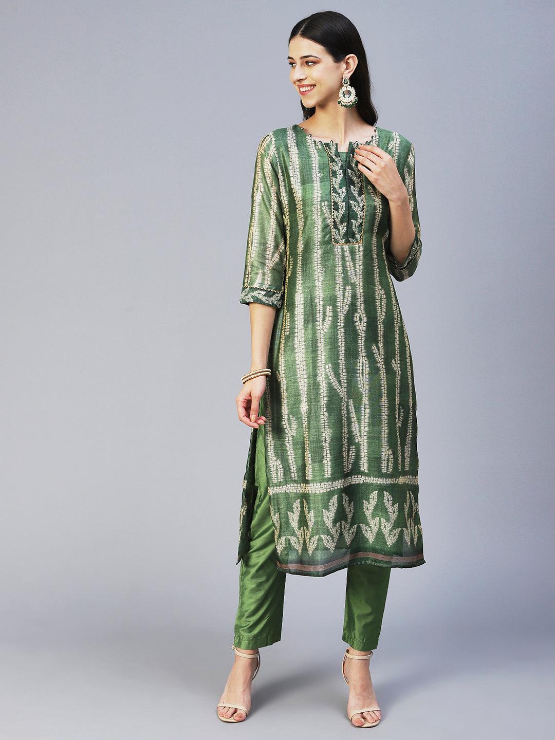 Ethnic Printed & Embroidered Straight Fit Kurta with Pant & Dupatta - Green - Indiakreations