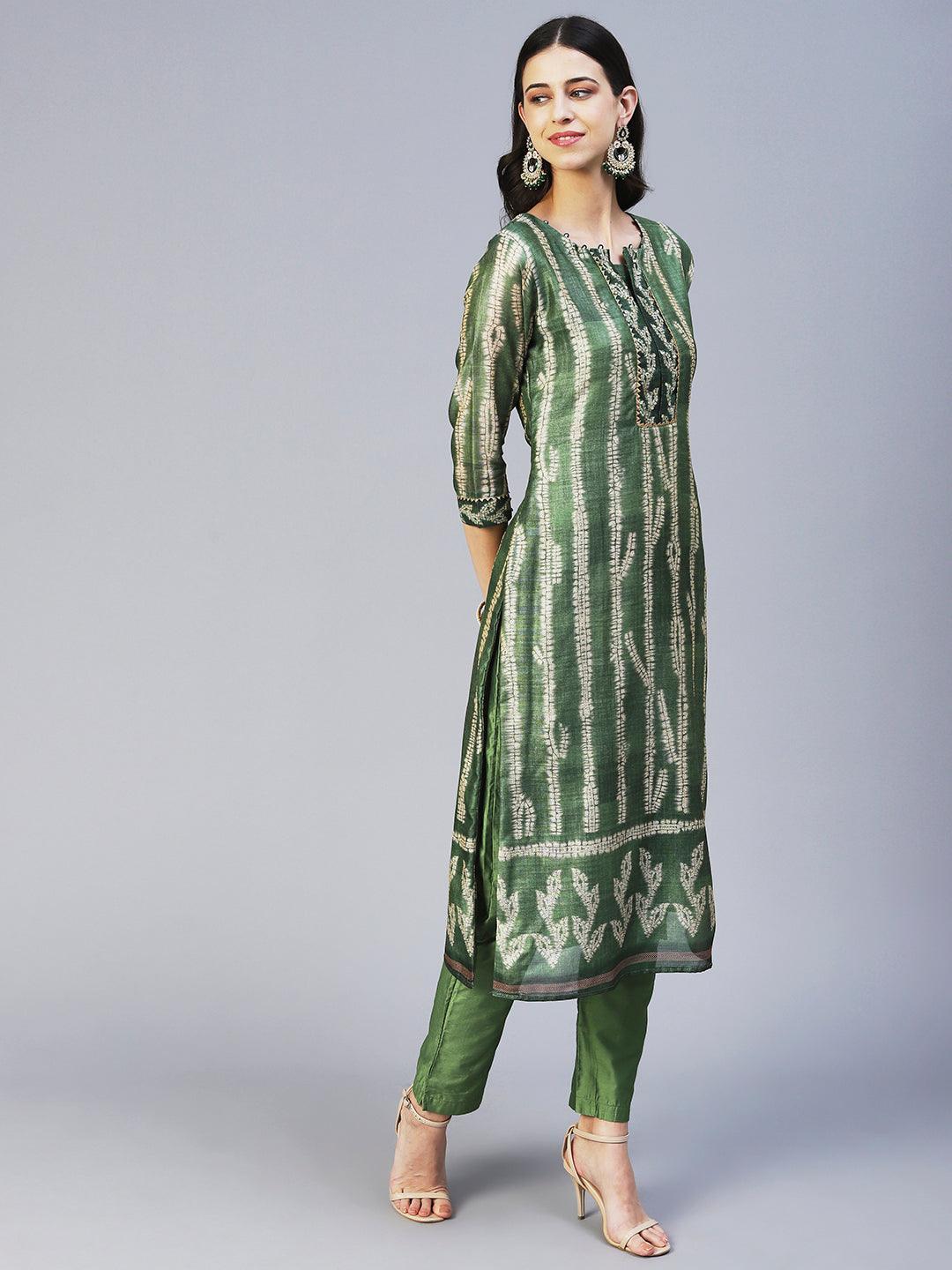 Ethnic Printed & Embroidered Straight Fit Kurta with Pant & Dupatta - Green - Indiakreations