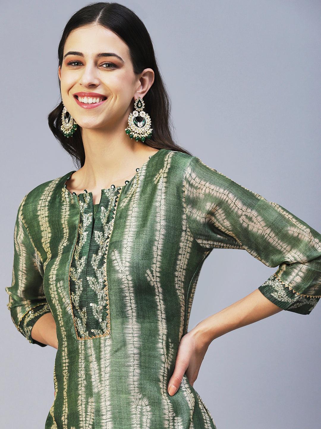 Ethnic Printed & Embroidered Straight Fit Kurta with Pant & Dupatta - Green - Indiakreations