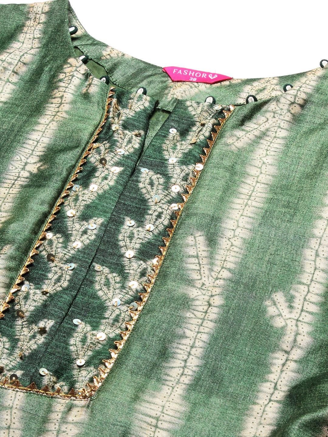 Ethnic Printed & Embroidered Straight Fit Kurta with Pant & Dupatta - Green - Indiakreations