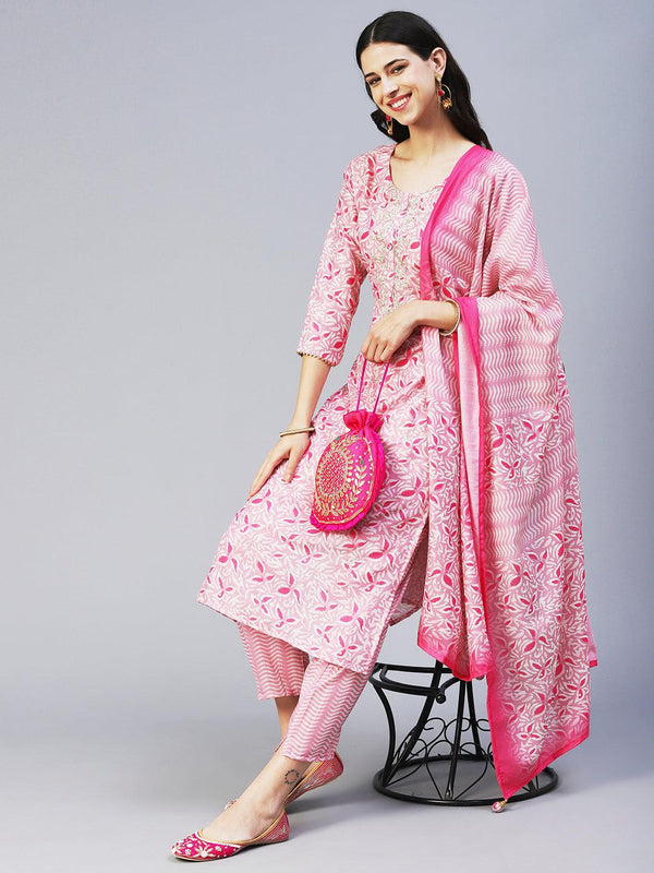 Ethnic Printed & Hand Embroidered Straight Fit Kurta with Pant & Dupatta - Pink - Indiakreations