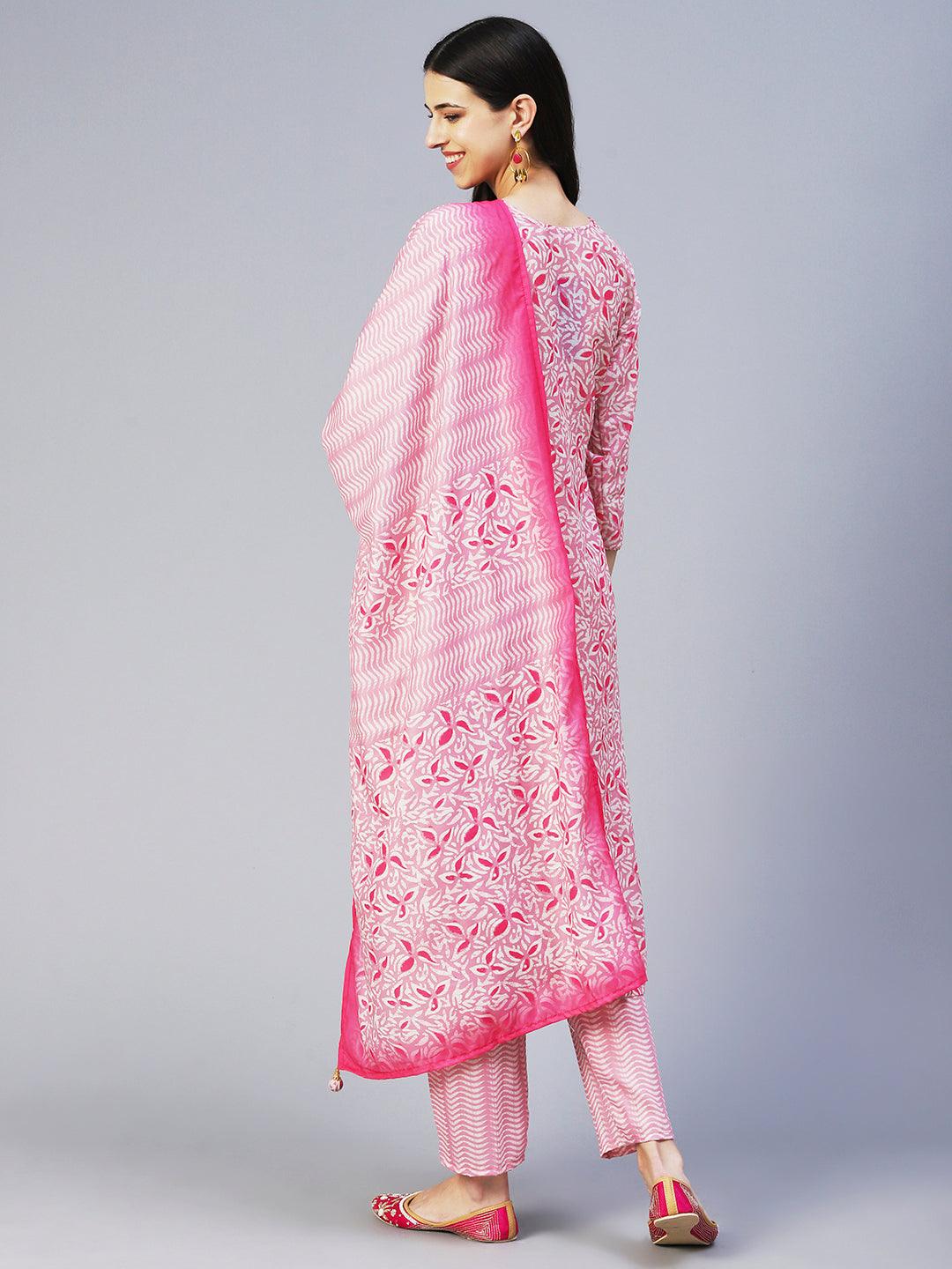 Ethnic Printed & Hand Embroidered Straight Fit Kurta with Pant & Dupatta - Pink - Indiakreations