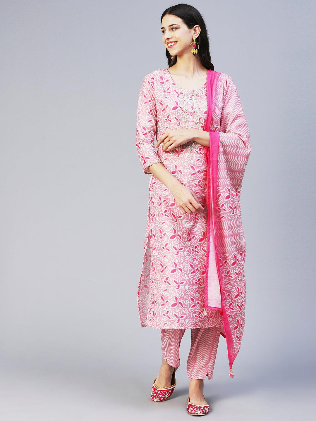 Ethnic Printed & Hand Embroidered Straight Fit Kurta with Pant & Dupatta - Pink - Indiakreations