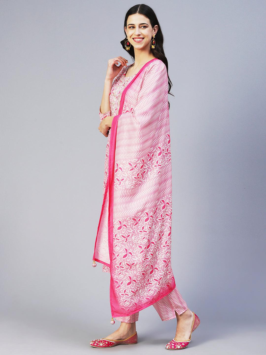 Ethnic Printed & Hand Embroidered Straight Fit Kurta with Pant & Dupatta - Pink - Indiakreations