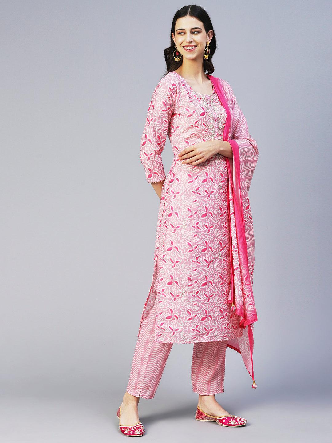 Ethnic Printed & Hand Embroidered Straight Fit Kurta with Pant & Dupatta - Pink - Indiakreations