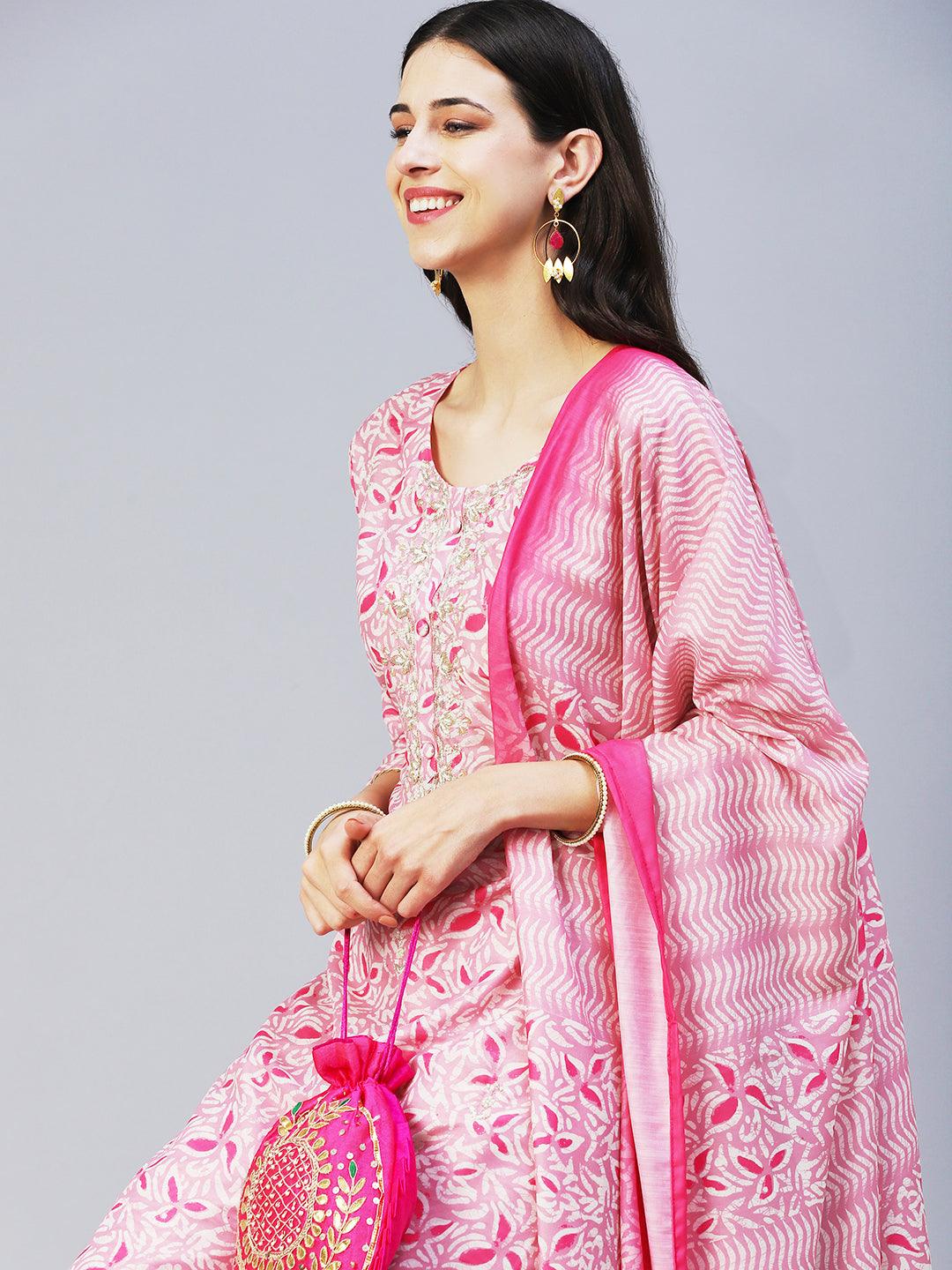 Ethnic Printed & Hand Embroidered Straight Fit Kurta with Pant & Dupatta - Pink - Indiakreations