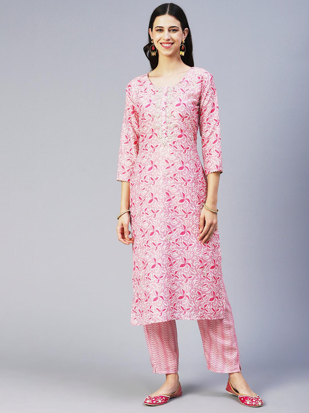 Ethnic Printed & Hand Embroidered Straight Fit Kurta with Pant & Dupatta - Pink - Indiakreations