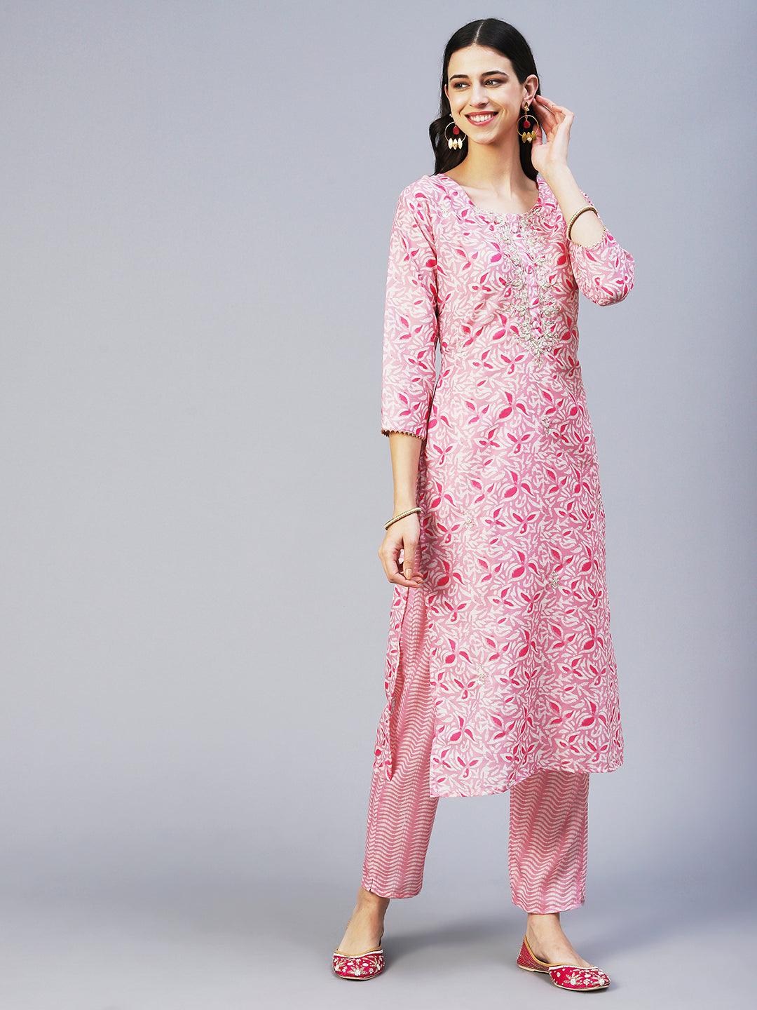 Ethnic Printed & Hand Embroidered Straight Fit Kurta with Pant & Dupatta - Pink - Indiakreations