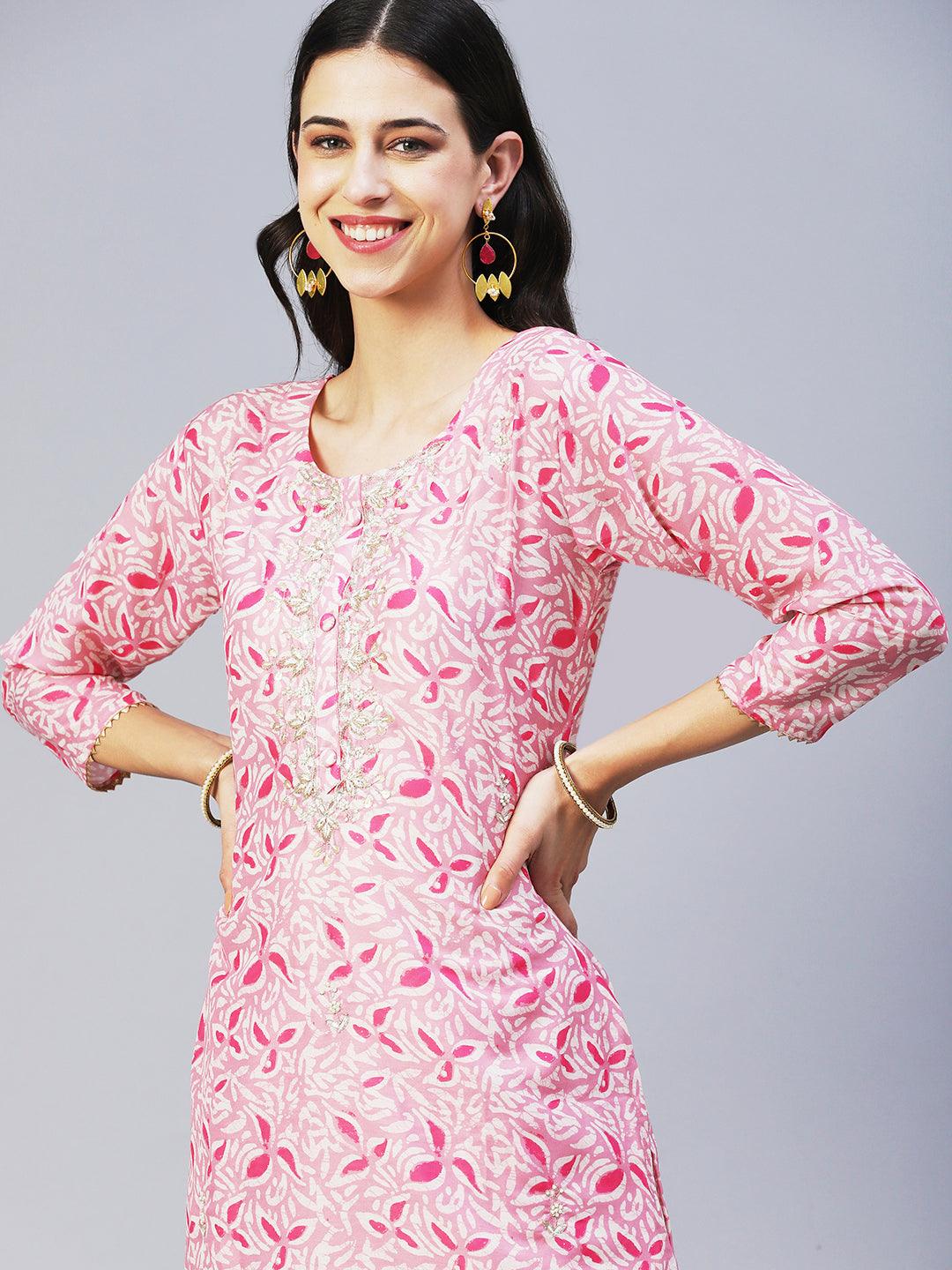 Ethnic Printed & Hand Embroidered Straight Fit Kurta with Pant & Dupatta - Pink - Indiakreations