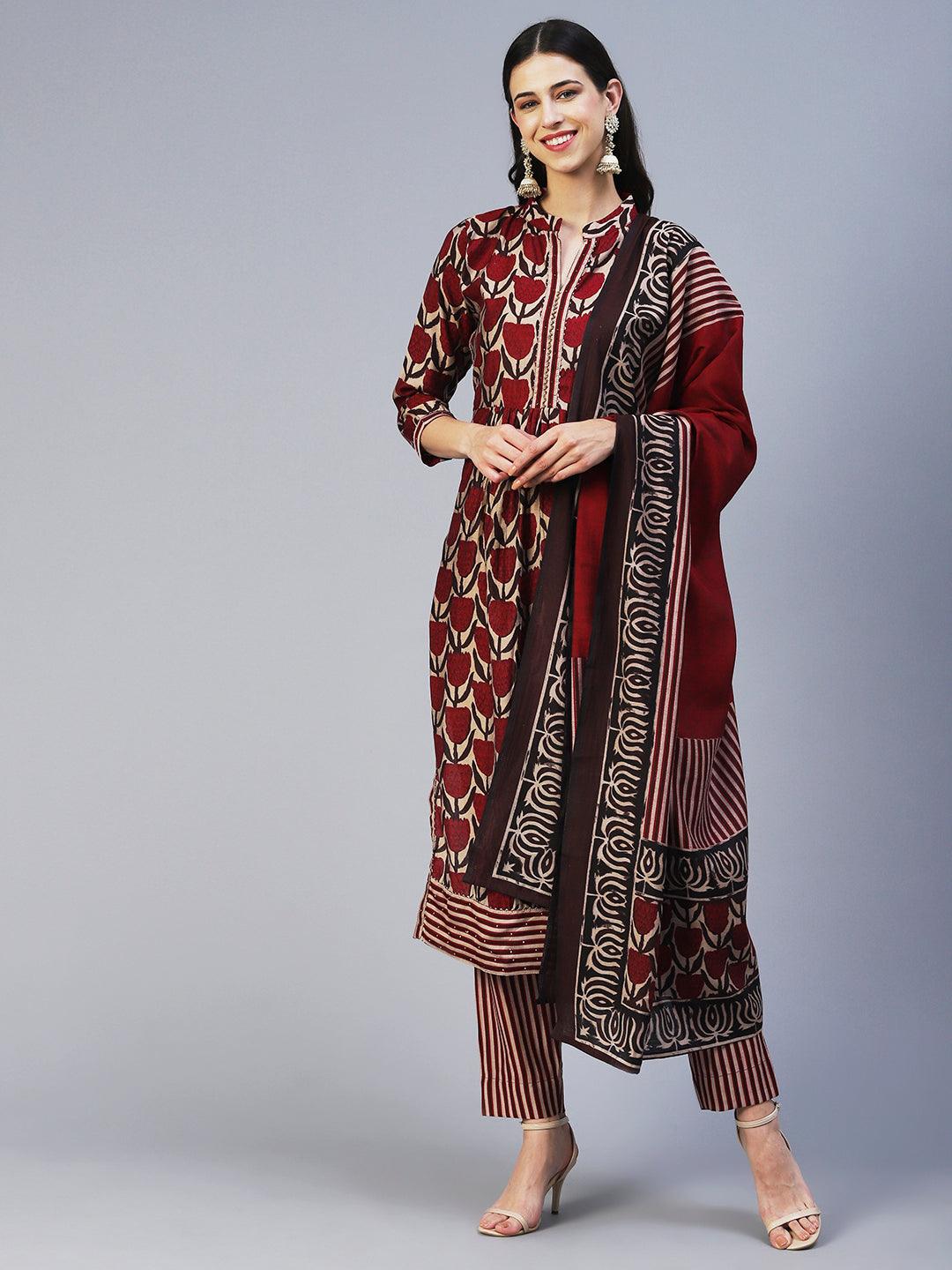 Floral Printed & Embroidered A-Line Kurta with Pant & Dupatta - Magenta - Indiakreations