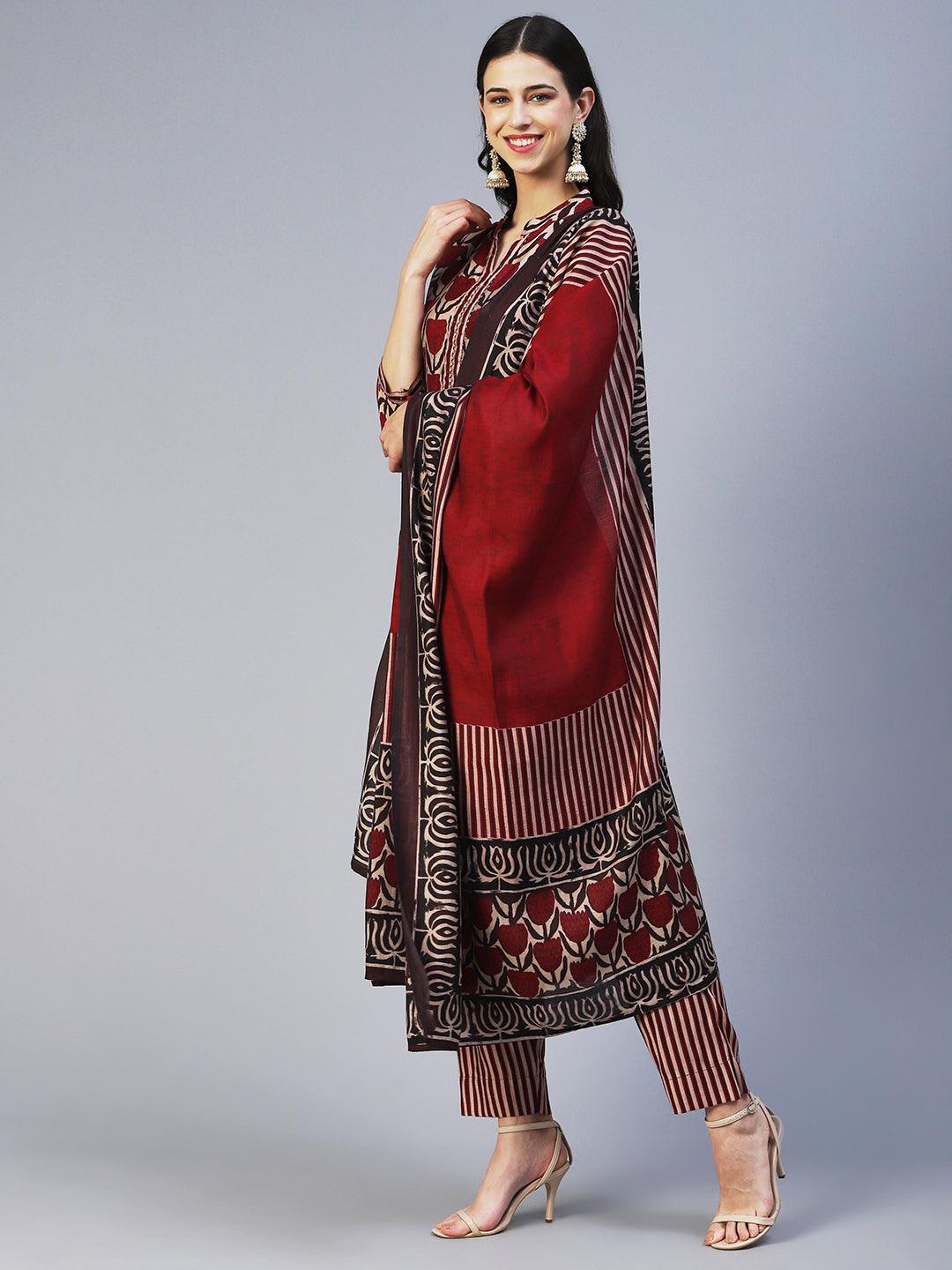 Floral Printed & Embroidered A-Line Kurta with Pant & Dupatta - Magenta - Indiakreations