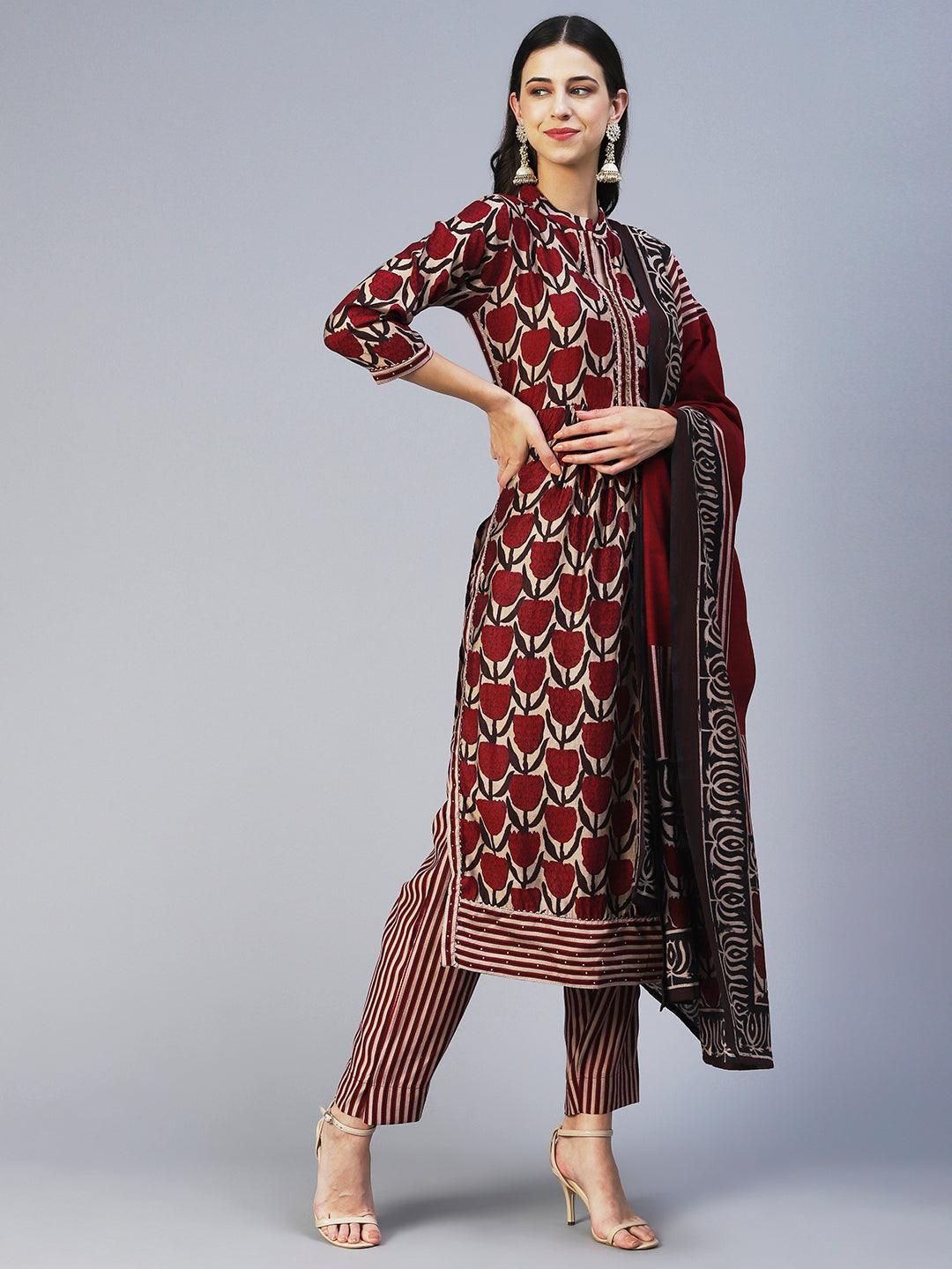 Floral Printed & Embroidered A-Line Kurta with Pant & Dupatta - Magenta - Indiakreations