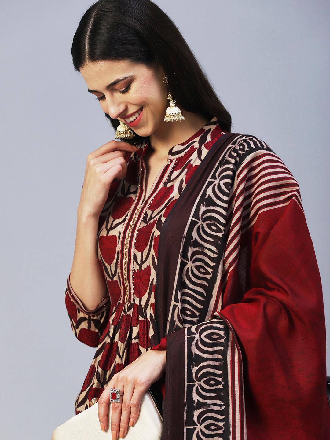 Floral Printed & Embroidered A-Line Kurta with Pant & Dupatta - Magenta - Indiakreations