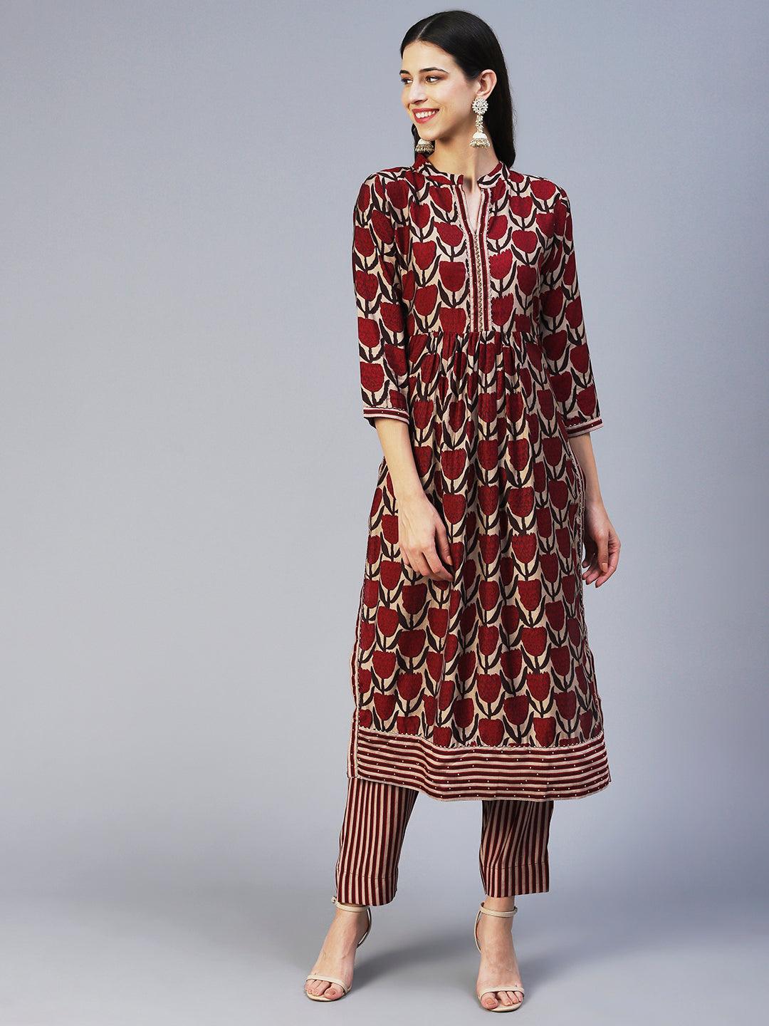 Floral Printed & Embroidered A-Line Kurta with Pant & Dupatta - Magenta - Indiakreations