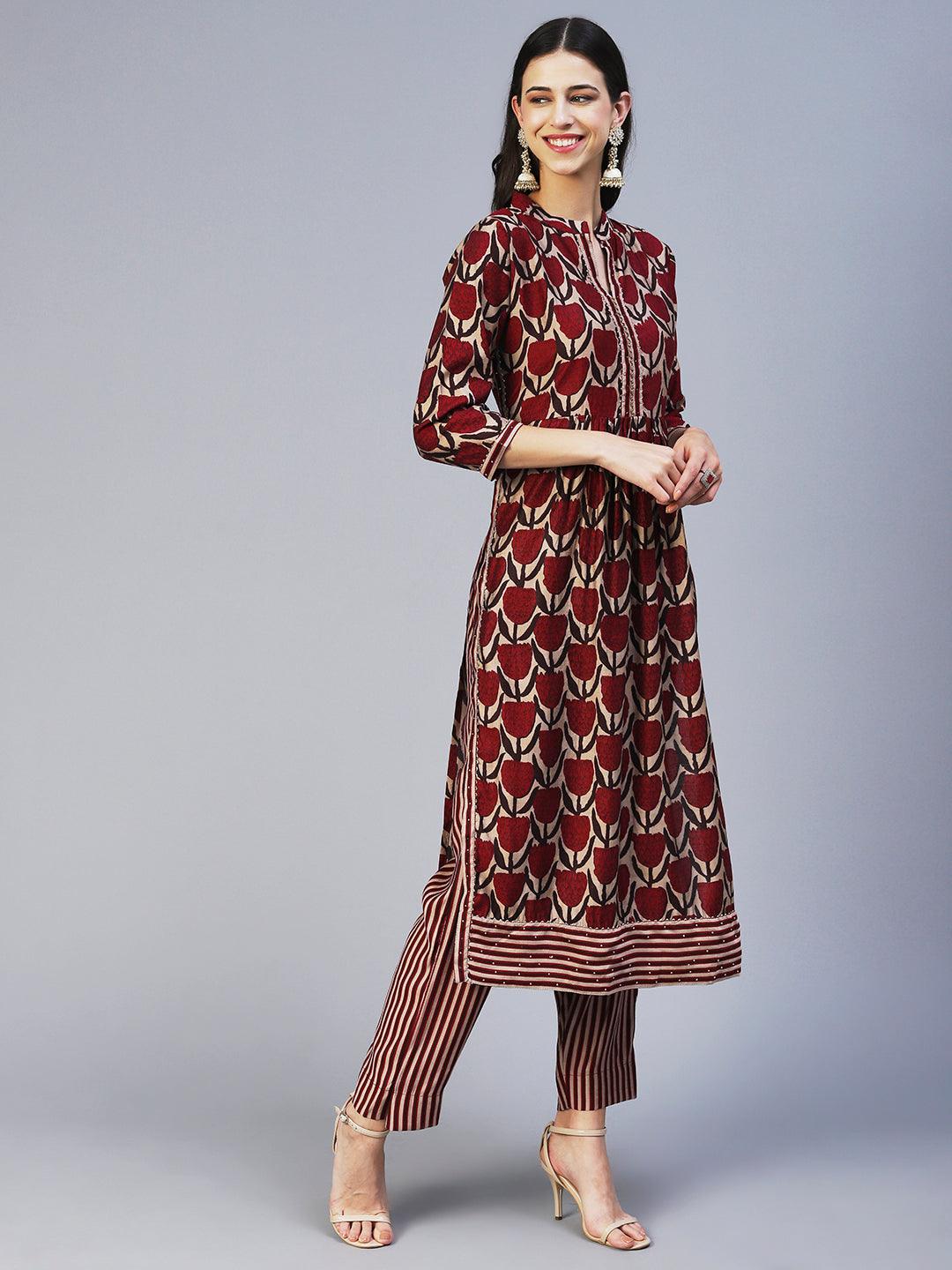 Floral Printed & Embroidered A-Line Kurta with Pant & Dupatta - Magenta - Indiakreations